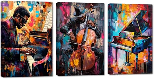 AWPANERAR Arte de pared de música negra, 3 paneles, impresiones en lienzo afroamericano, arte vintage de jazz, instrumentos musicales, imágenes,