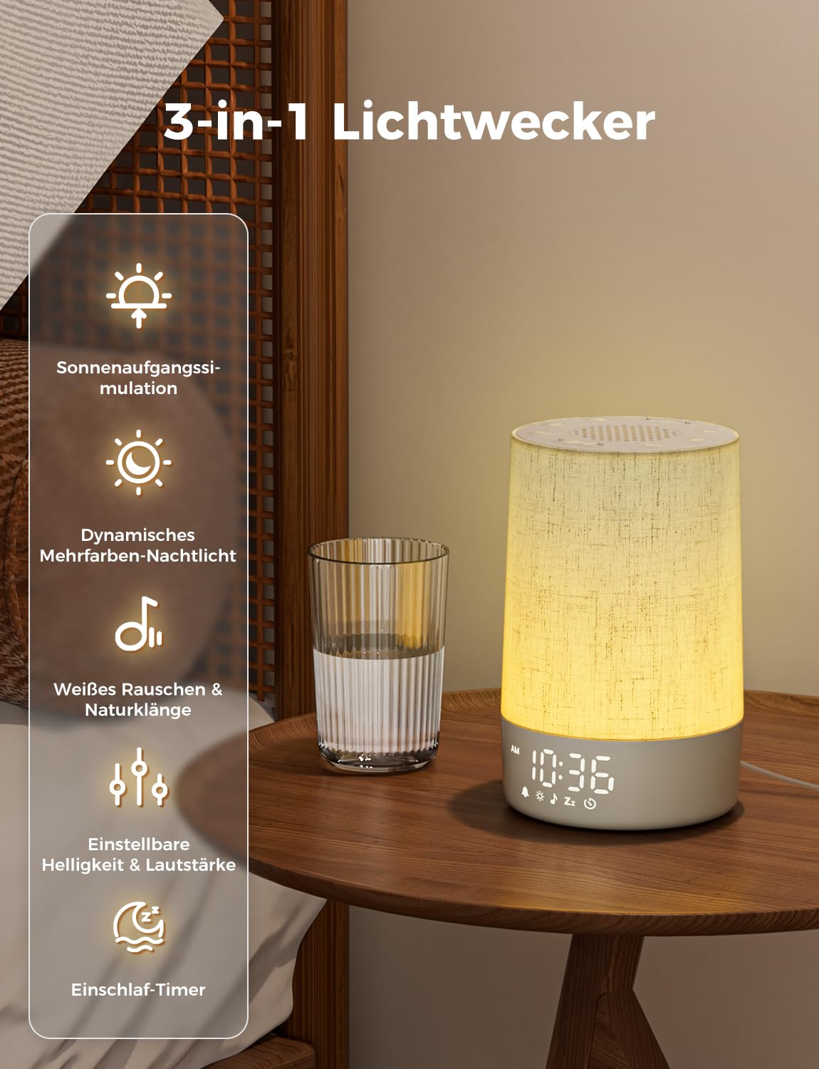 LIORQUE Tageslichtwecker Lichtwecker Sonnenaufgang Wecker mit Licht Wake Up Light Dimmbares Nachtlicht mit 30 Klingeltöne und 10 Lichtmodi Weißrausch Lichtwecker für Schlafzimmer