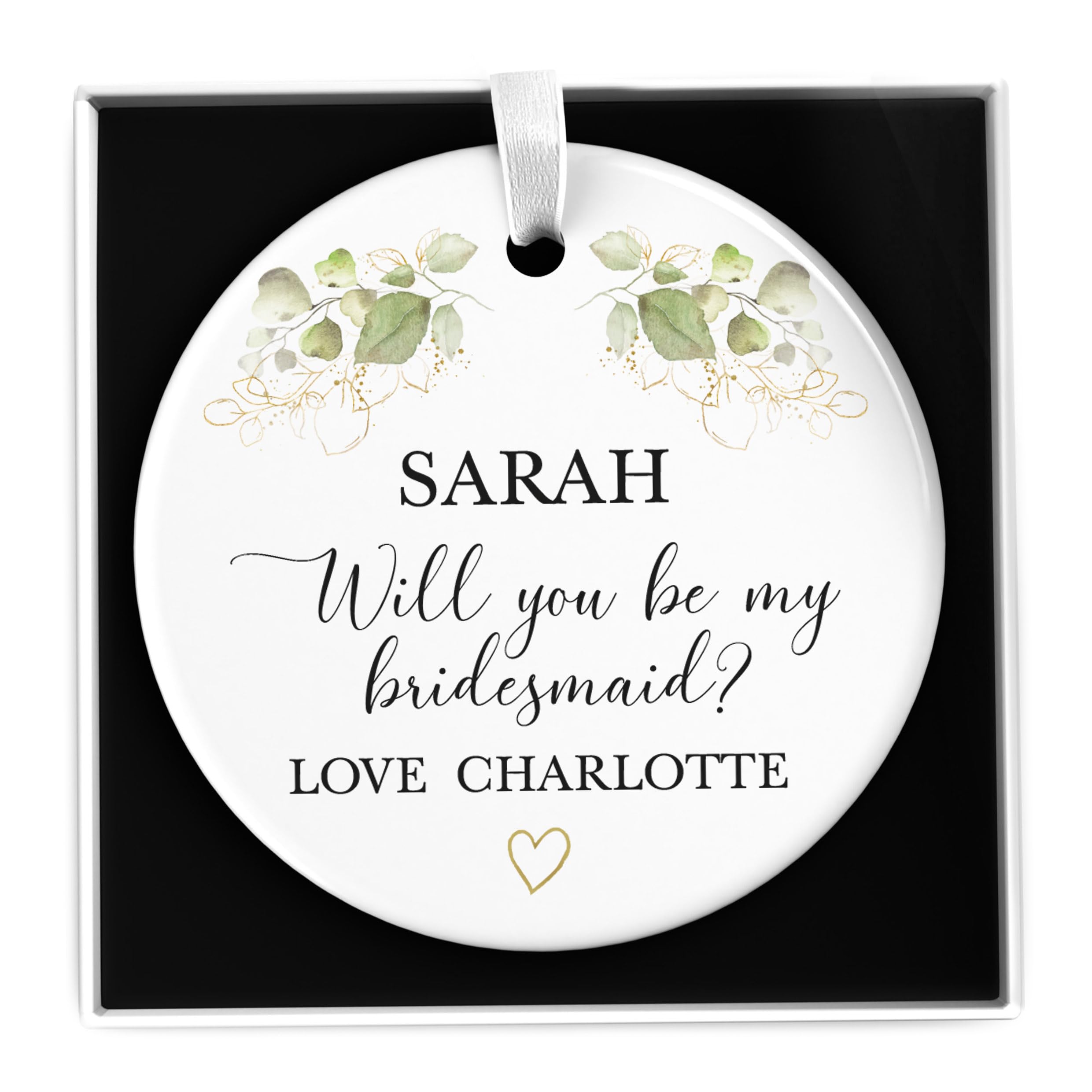 Beecreative Will You Be My Bridesmaid - Be My Maid Of Honour Personalised - Eucalyptus Greenery Wedding Ceramic Heart Circle - With Gift Box
