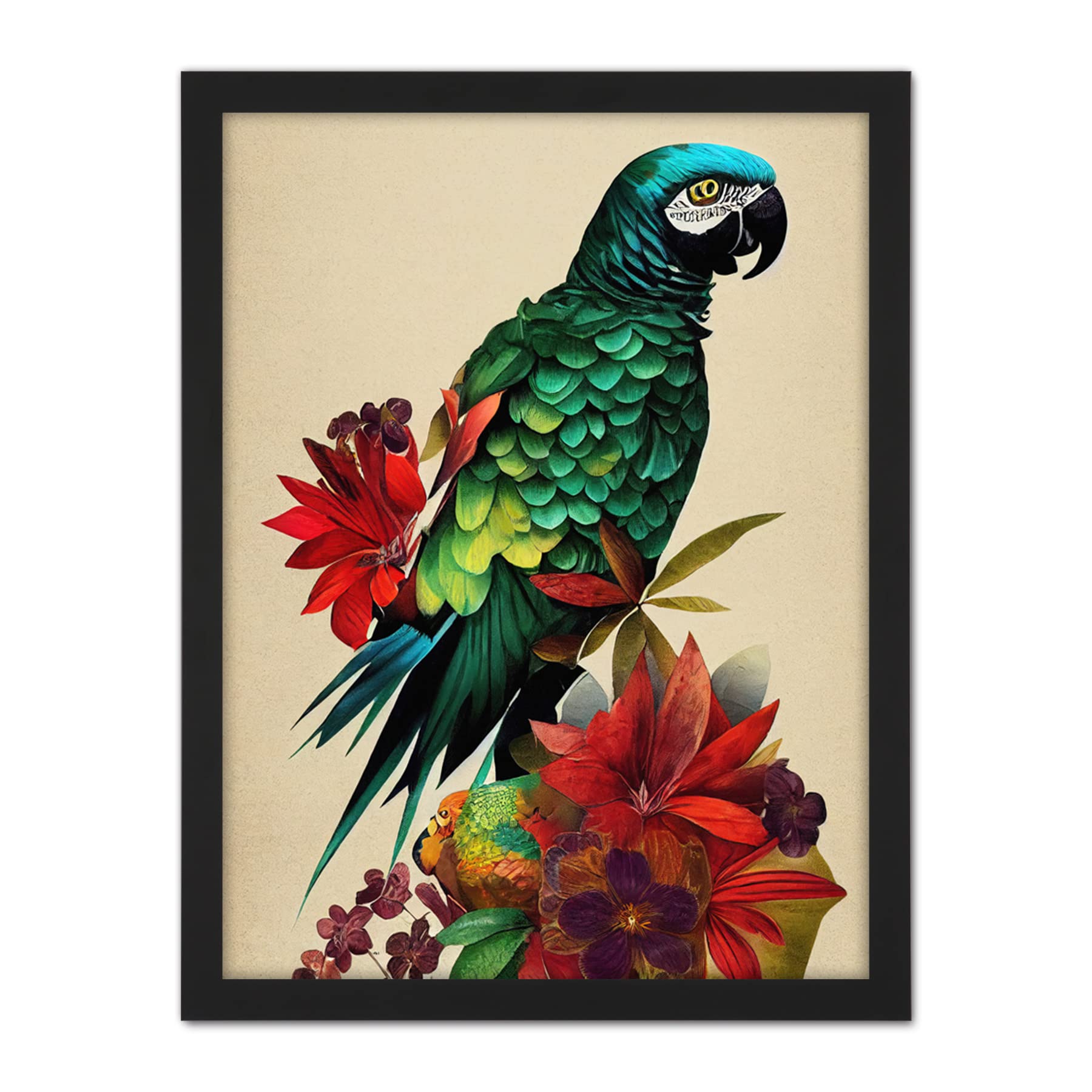 Doppelganger33 LTD Exotic Flowers And Feathers Macaw Parrot And Jungle Blooms Artwork Framed Wall Art Print 18X24 Inch