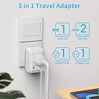 Vista 20 de VINTAR - Kit de adaptador de viaje universal, adaptador de enchufe internacional con 3 puertos USB (2 USB C, 3.4 A) y 2 salidas americanas, tipo A