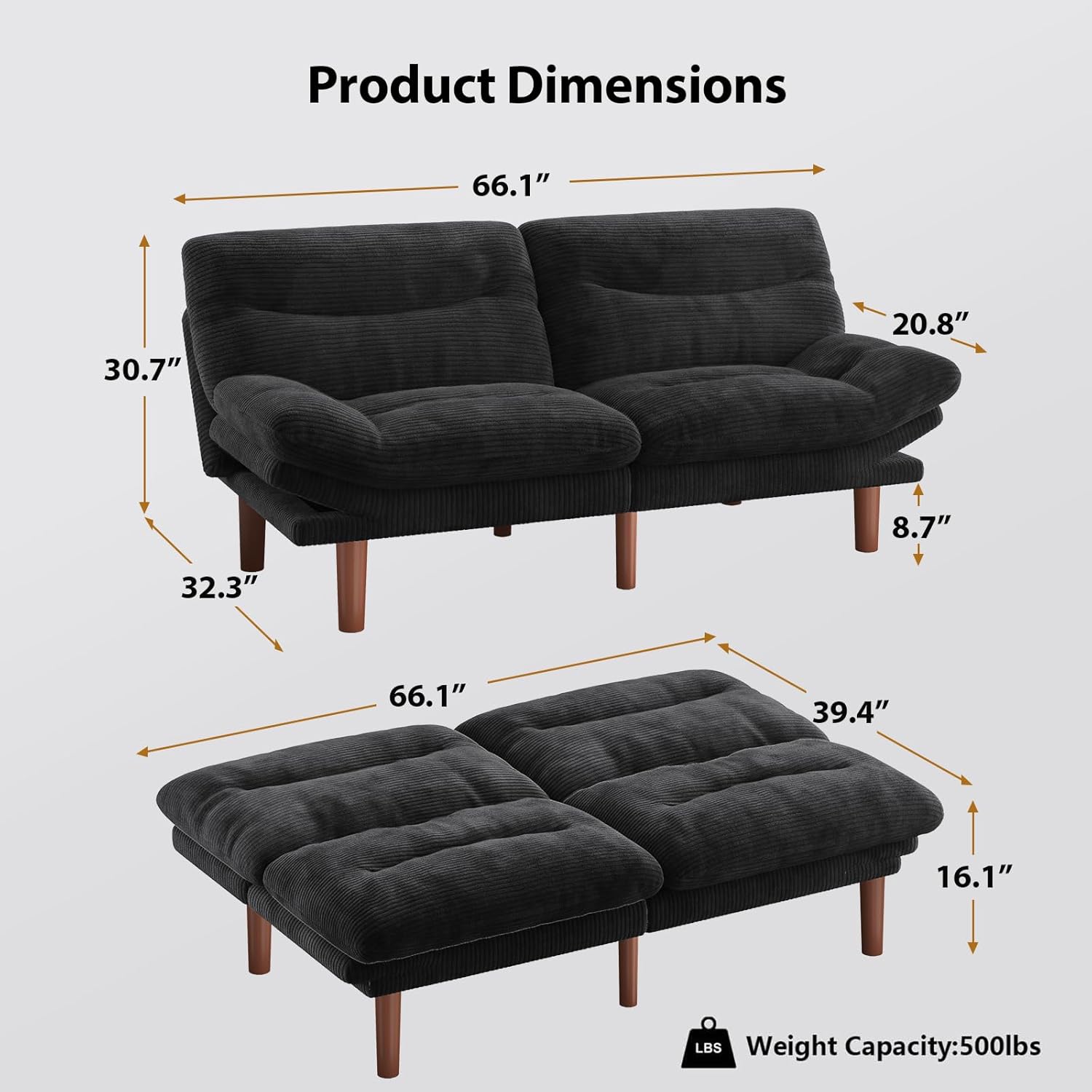 Pipishell Futon Sofa Bed, 66 Inch Corduroy Futon Couch Convertible with Adjustable Backrest and Armrests, Recliner Sleeper Sofa for Small Spaces, Living Room, Office, Guest Room (Black, 66 Inch)