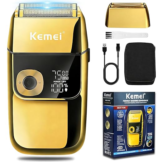 Lâminas de barbear elétricas KEMEI para homens, LCD Display Navalhas masculinas sem fio, USB recarregável com aparador de barba pop-up Melhor presente de viagem mundial, Modelo KM 2028, Ouro
