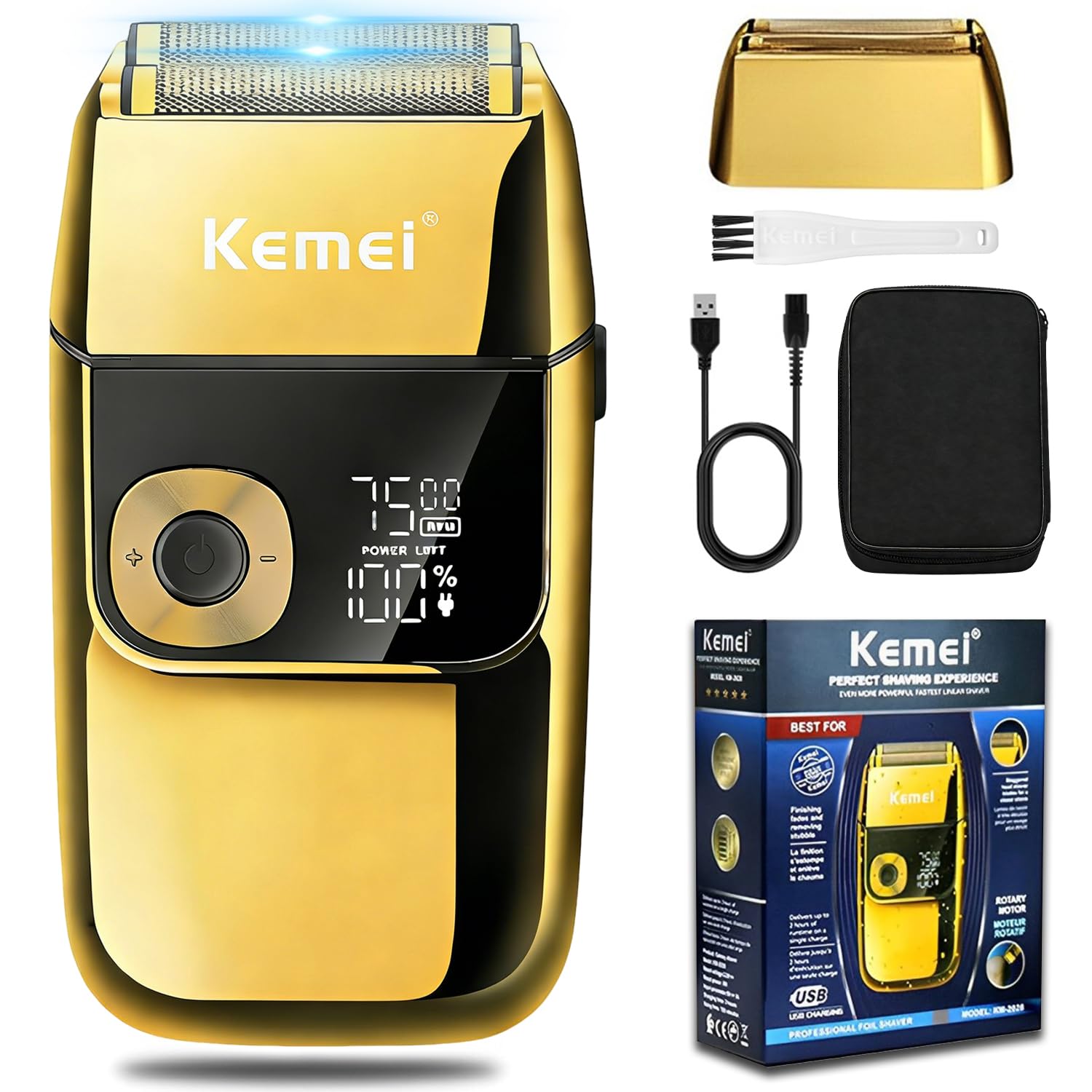 Electric Razors for Men, LCD Display Cordless Men's Razors, USB Rechargeable with Pop-up Beard Trimmer Best Worldwide Travel Gift, Model KM 2028, Gold