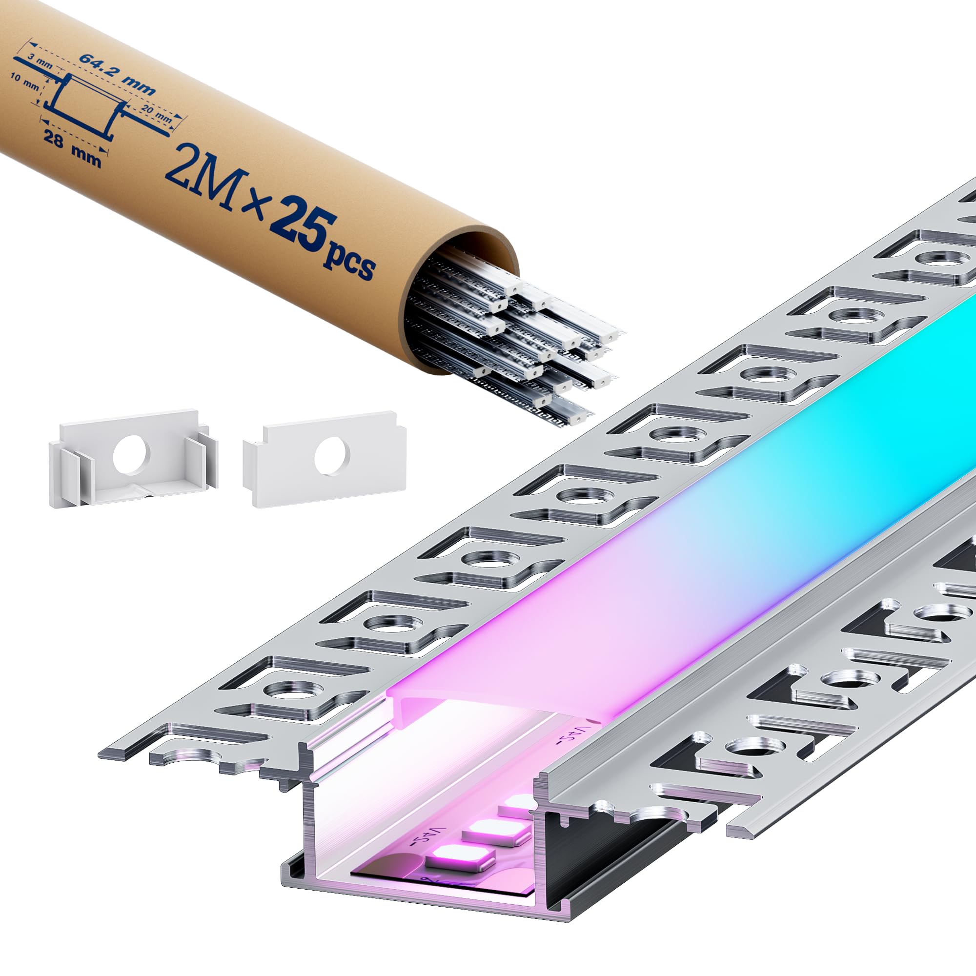 Shine Plus 25 pezzi di profili LED per cartongesso, 2 m – Profilo in alluminio per strisce LED, canale Led integrato con diffusore, ideale per illuminazione indiretta di soffitti e pareti.