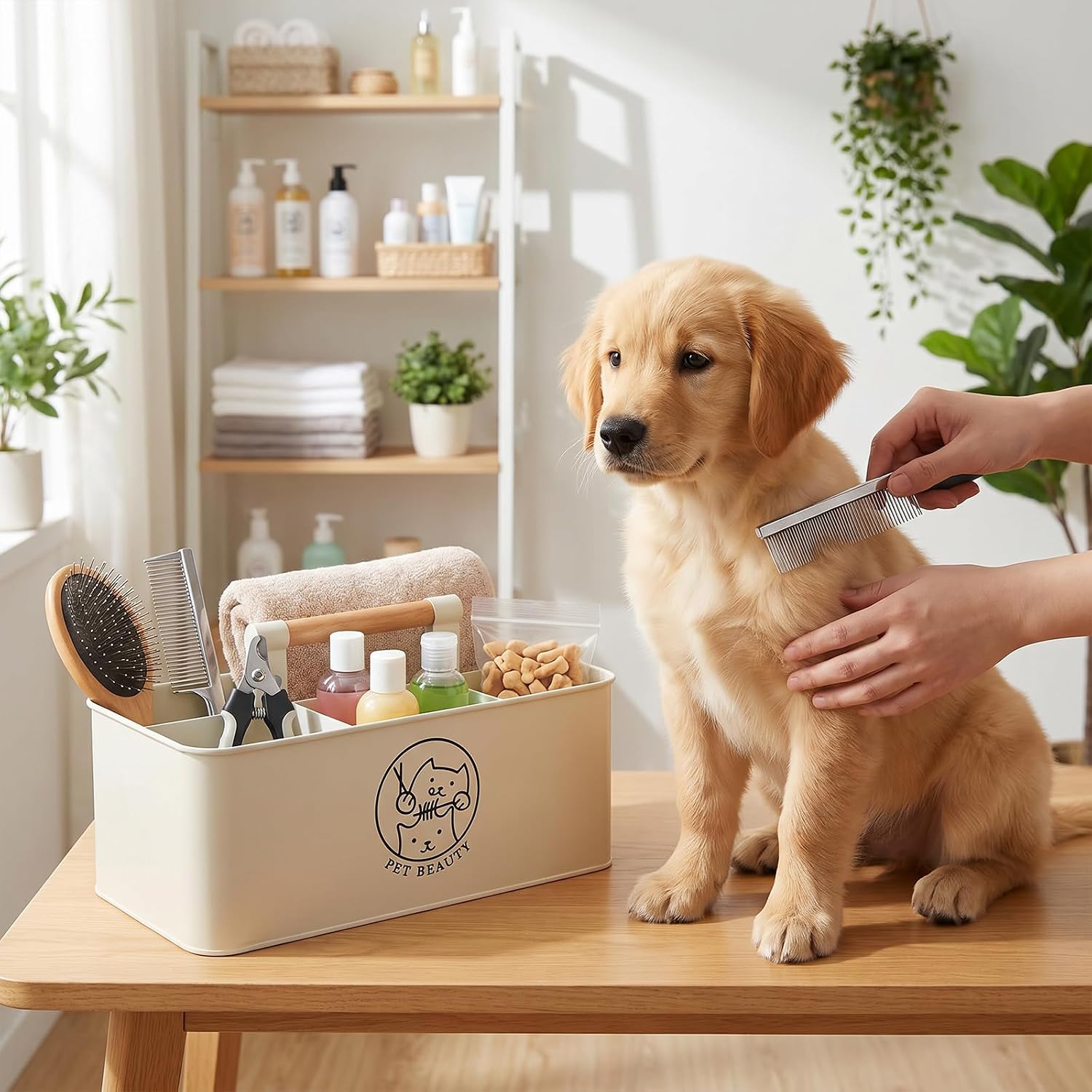 Premium Dog Cat Grooming Supplies Organizer with Wooden Handle,4-Compartment Metal Caddy for Pet Stuff -Powder Coated Dog Storage Bin for Hair remover Brush Nail Clipper Scissors-White