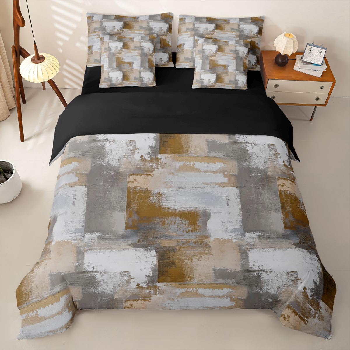 Loussiesd Set di biancheria da letto con copripiumino singolo astratto con lenzuola, per bambini, ragazzi e ragazze, motivo geometrico, marrone, grigio, ombré, 7 pezzi, moderno, sfumato, decorazione