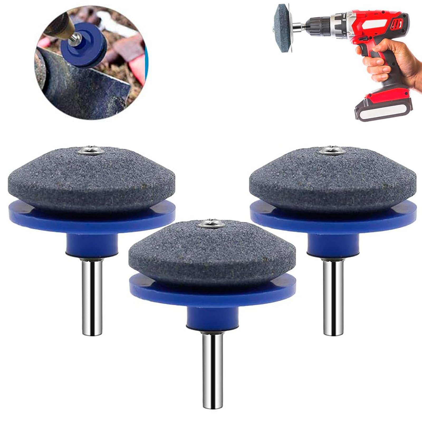 Lawnmower Dull Blade Sharpener, 3 Pcs Mower Sharpening Stone Wheel Kit, Universal Garden Tool Grindstone and Knife Edge Whetstone for Any Power Hand Drills