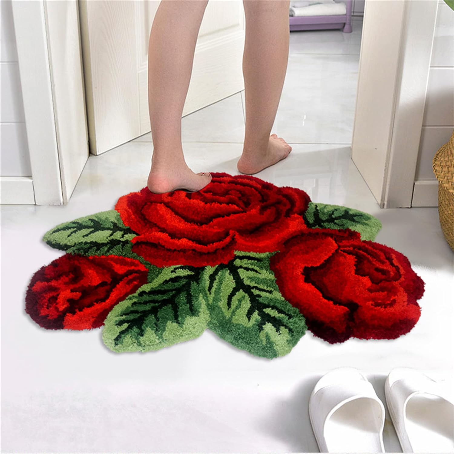 ABREEZE Red Rose Rug Floor Rug Floral Mats Non-Slip Modern Carpet Washable Bath Rug (3 Roses Leafy, Red)