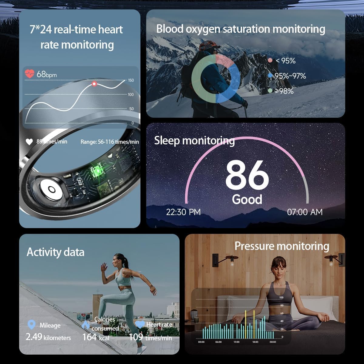 Smart Ring Fitness Tracker Cardiofrequenzimetro Sleep Tracker Controllo TikTok Anelli Fitness Pressione Sanguigna Ossigeno nel sangue Pedometro Contapassi Salute Smart Ring per donne e uomini con