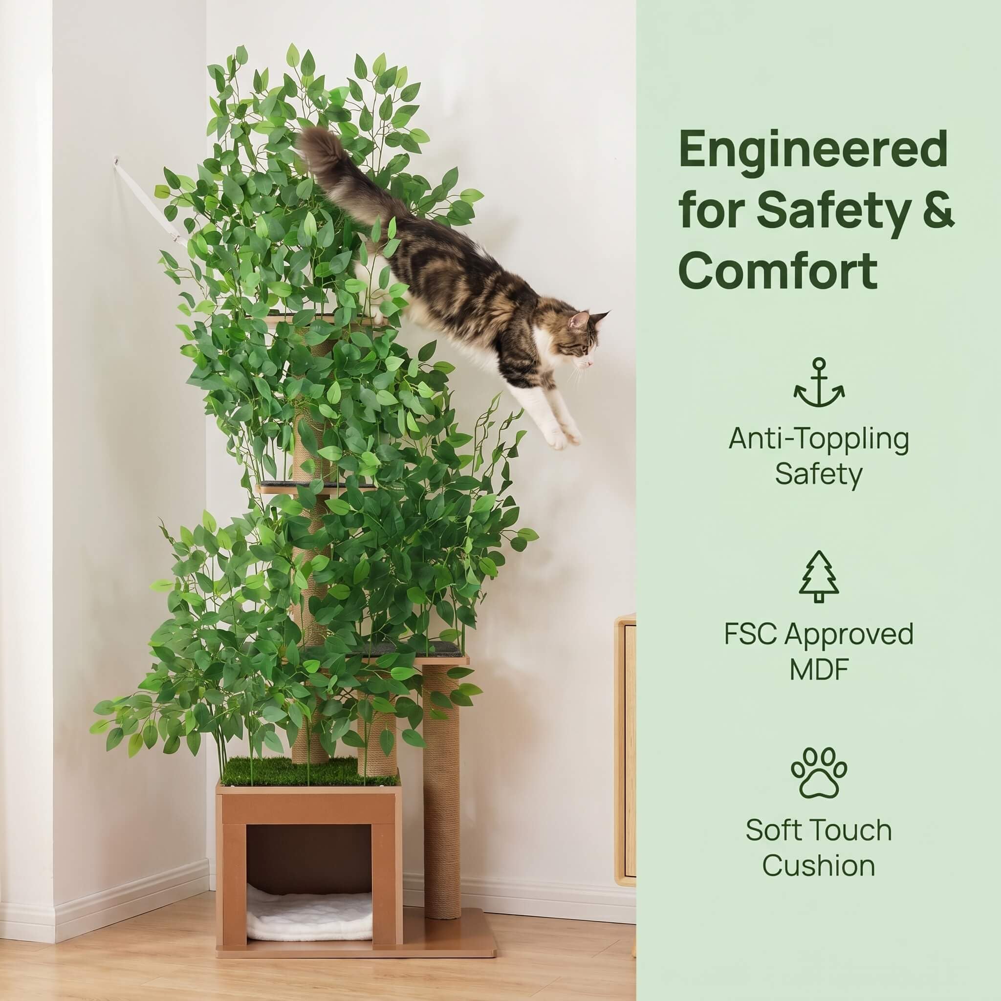 Anti-Kipp-Sicherung Katzenbaum Kratzbaum Modern 158 Cm – Baumform Mit Blättern, 3 Plattformen, Katzenhaus, Stabil, MDF, Wasserabweisend – Für Große Katzen & Kitten – Naturholz-Optik