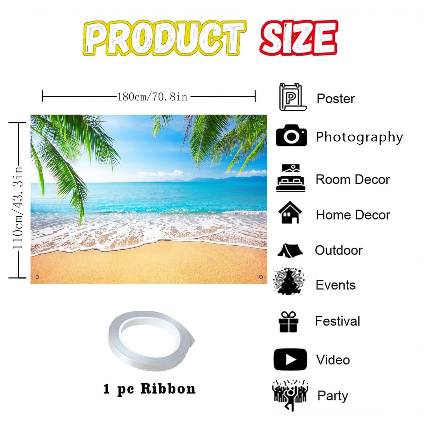 JuneGrow Hawaii Ocean Beach Backdrop 71x43in Summer Tropical Hawaiian Luau Party Decoration Banner Blue Sky Seaside Palm Leaves Sandy Photography Background Baby Birthday Wedding Photo Booth Prop