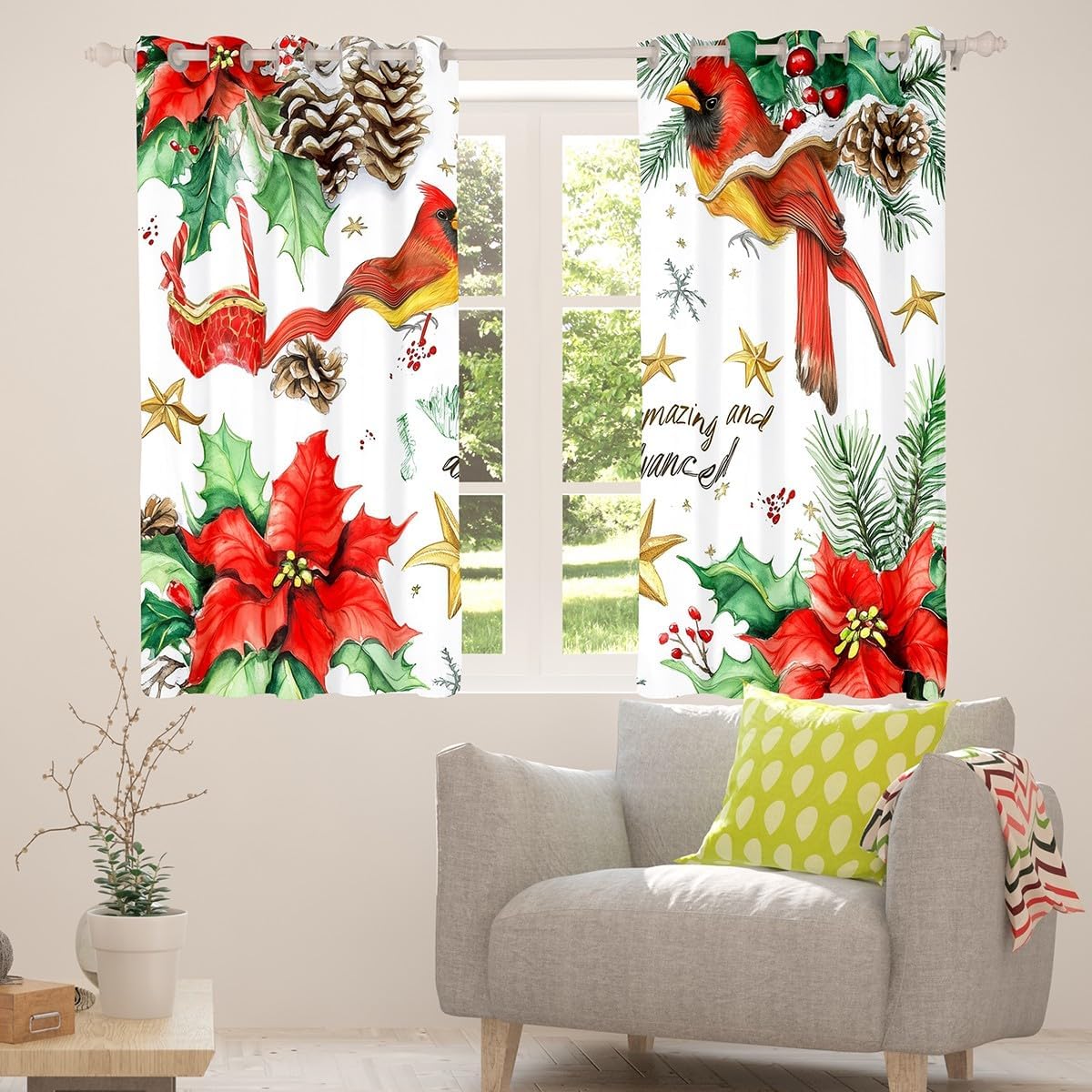 Feelyou Christmas Birds Blackout Curtains, Red Birds Darkening Drapes for Bedroom for Kids Boys Girls Winter Window Curtains Wildlife Living Room Window Treatments (2 Panels, 42 x 63 Inch)