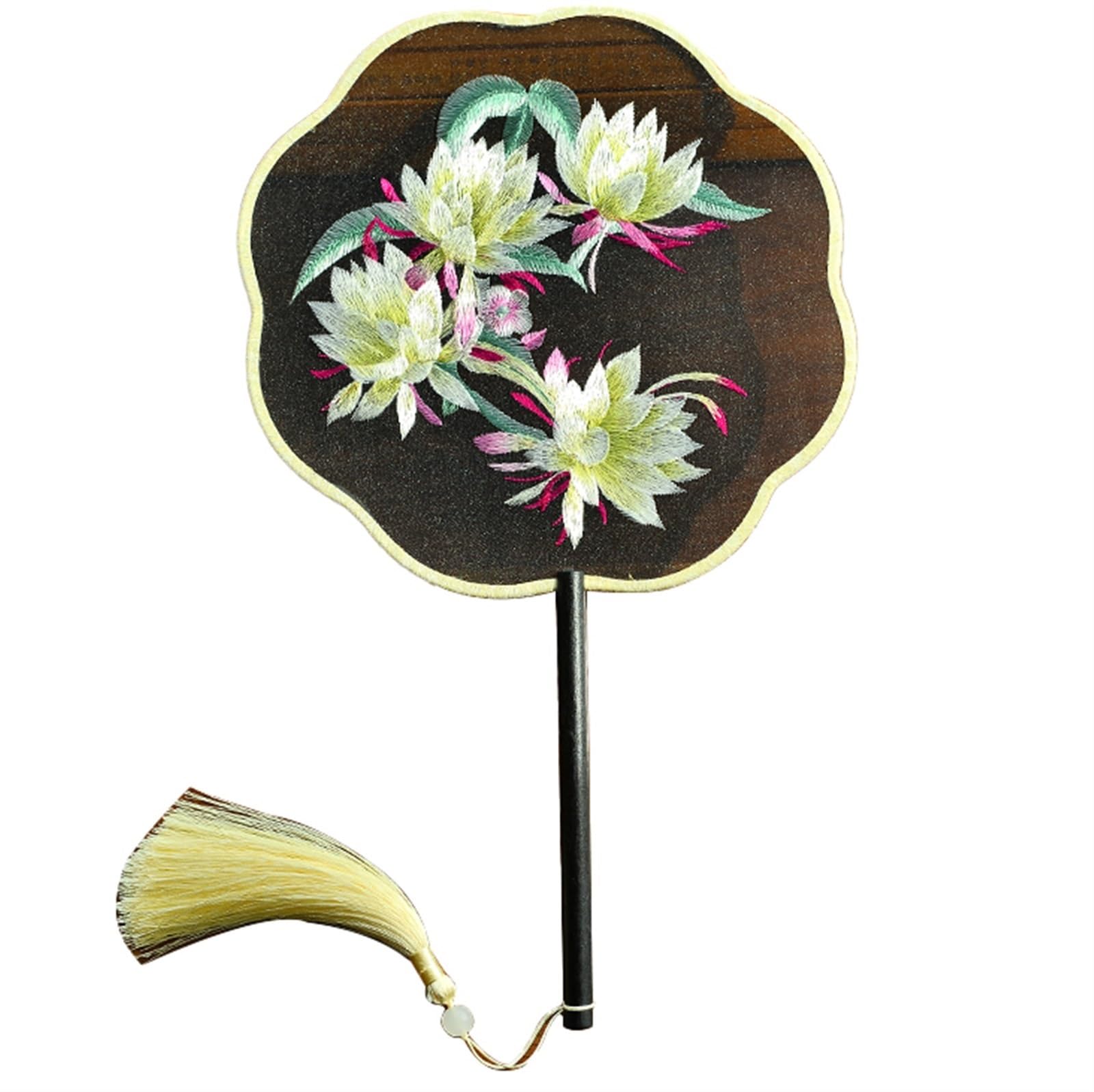 Éventail broderie chinoise ronde en soie avec manche bois de 8,3 pouces pour cérémonie