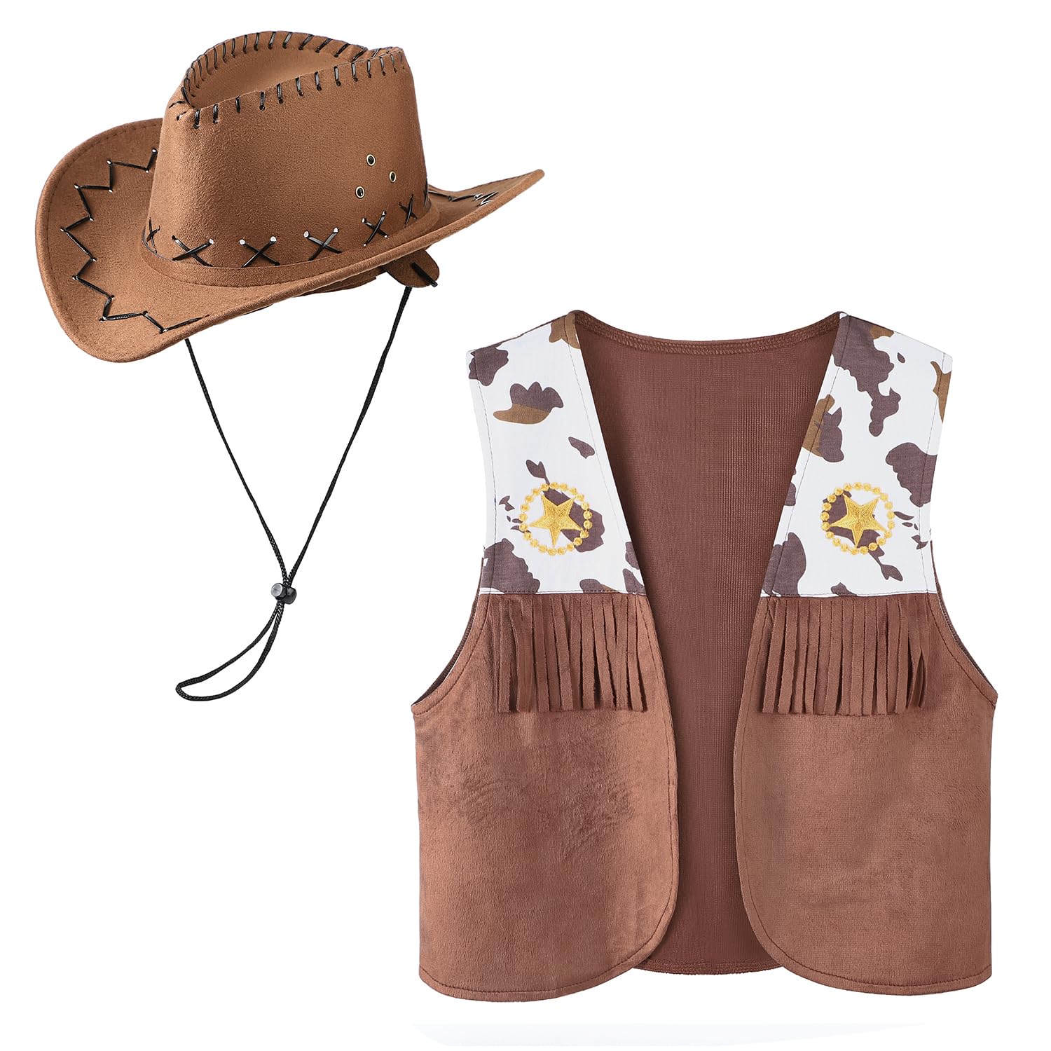 XINCHIA Western Cowgirl Costume Outfit for Kids Leather Tassel Vest Cowboy Hat Set 70s Hippie Clothes Costume Sleeveless Fringe Jacket Dress up Cowgirl Cap
