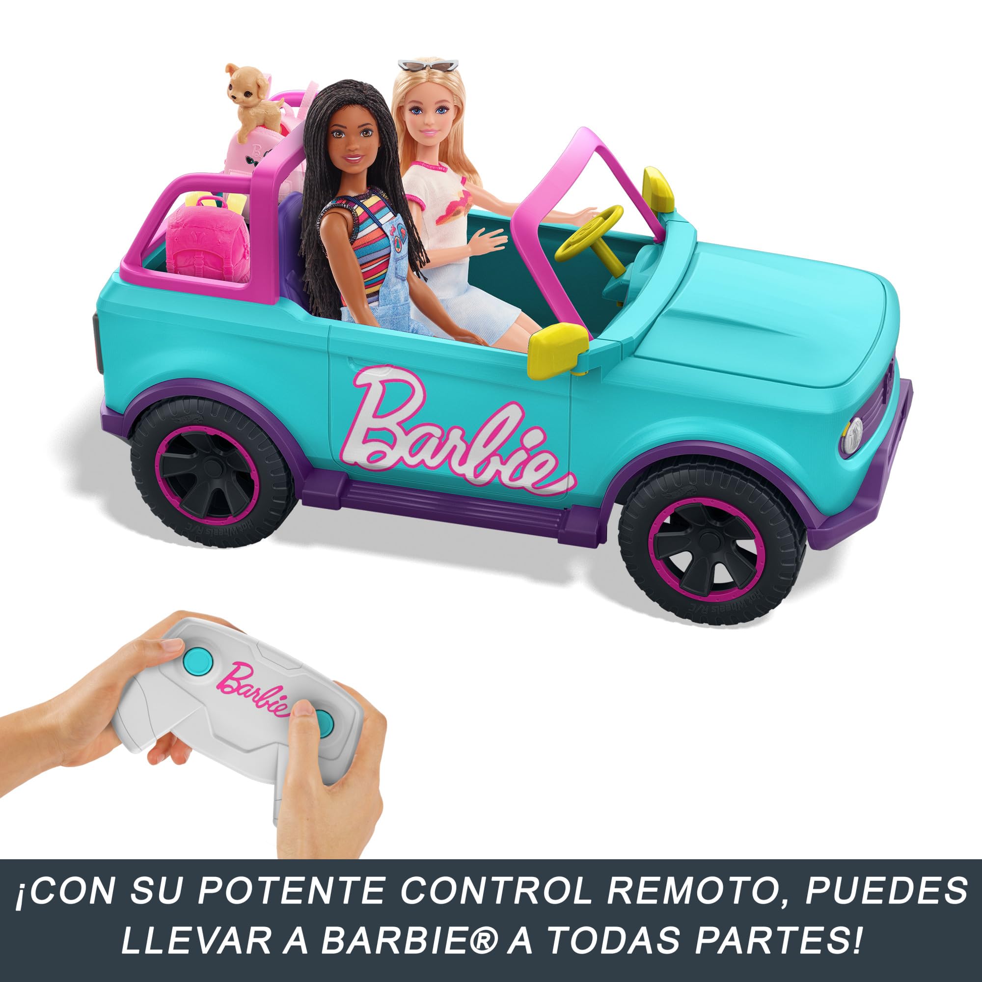 Hot Wheels Coche Teledirigido, Barbie SUV radiocontrol Coche de Juguete teledirigido con Mando para muñecas y Pegatinas, +5 años, HTP53