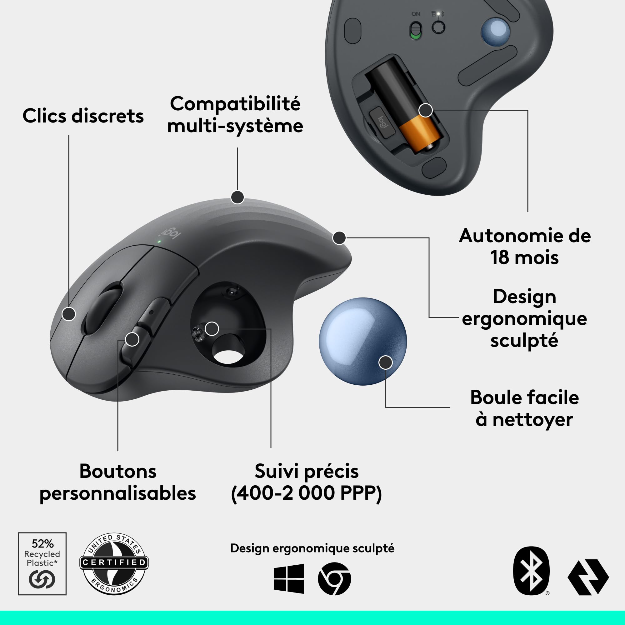 Logitech Ergo M575S Souris trackball sans Fil, Souris Ergonomique sans Fil avec Bluetooth et dongle chiffré, contrôle Confortable par Le Pouce, Suivi précis et Fluide, pour PC/Mac - Graphite