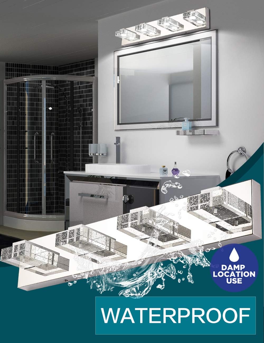 SOLFART LED Bathroom Lighting Fixtures 4 Lights Dimmable Modern Glass Stainless Steel Vanity Wall Light Over Mirror