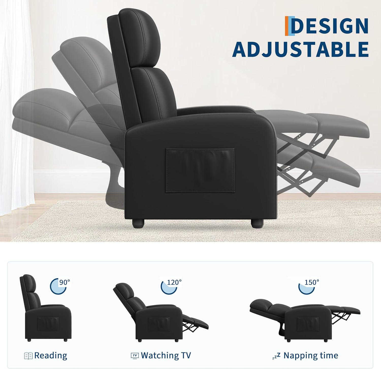 Garvee Recliner Chair for Adults, PU Leather Lazy Recliner Ergonomic Adjustable Single Sofa Enhanced with Side Pocket, Tall Back, Wide Arms & Padded Seat, Home Theater Seating for Living Room