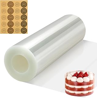 Cake Collar, 6 inch x 394inch 5.9 mil Thick Transparent Acetate Sheets Rolls for Baking with Stickers, Acetate para Pasteles Frost Form Cake Kit, Plastic Wrap Around Surrounding Edge Decorating
