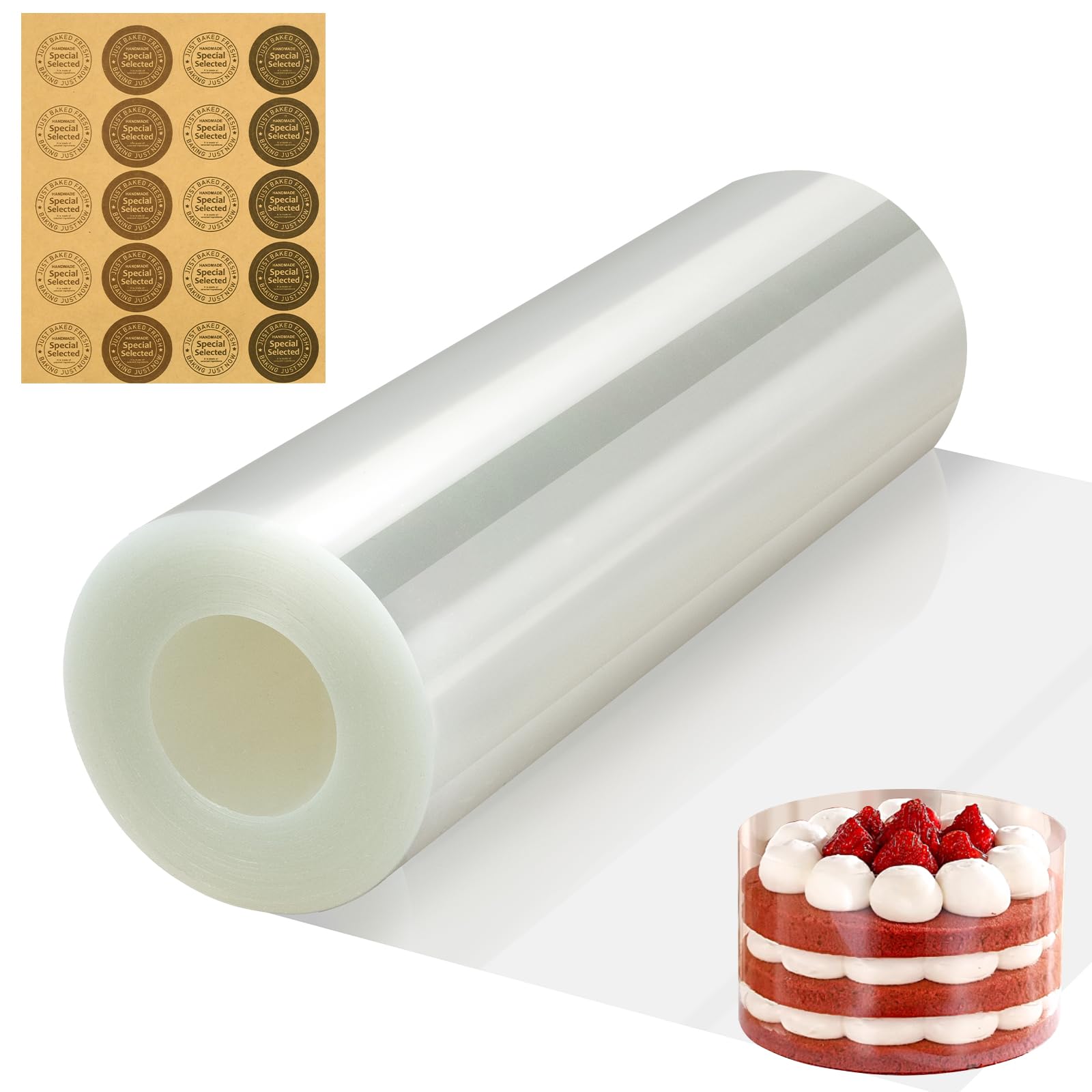 Cake Collar, 6 inch x 394inch 5.9 mil Thick Transparent Acetate Sheets Rolls for Baking with Stickers, Acetate para Pasteles Frost Form Cake Kit, Plastic Wrap Around Surrounding Edge Decorating