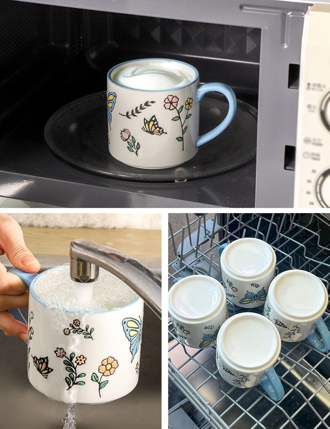 Ceramic Mug Set with Colorful Butterflies and Flowers, White and Blue Stackable Coffee Cups 15 oz, Large Porcelain Mugs for Latte, Cappuccino, Tea, Set of 4