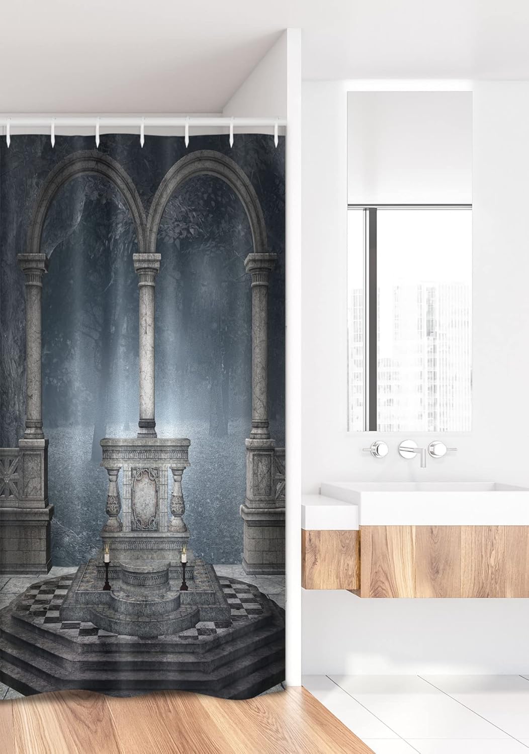 Ambesonne Gothic Stall Shower Curtain, Altar on a Checkered Floor in Scary and Winter Forest Scenery Illustration, Fabric Bathroom Decor Set with Hooks, 36" W x 72" L, Grey Blue