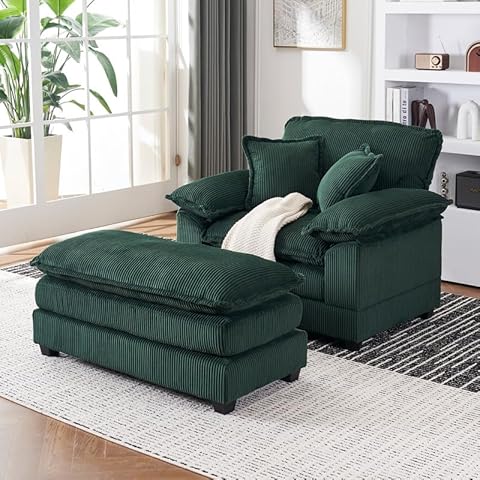 AZSJML Corduroy Chaise Lounge Chair Indoor with Ottoman, 47'' Oversized Upholstered Comfy Single Sofa with 2 Toss Pillows, Modern Deep Seat Couch for Living Room, Office, Apartment, Small Space, Green Cover