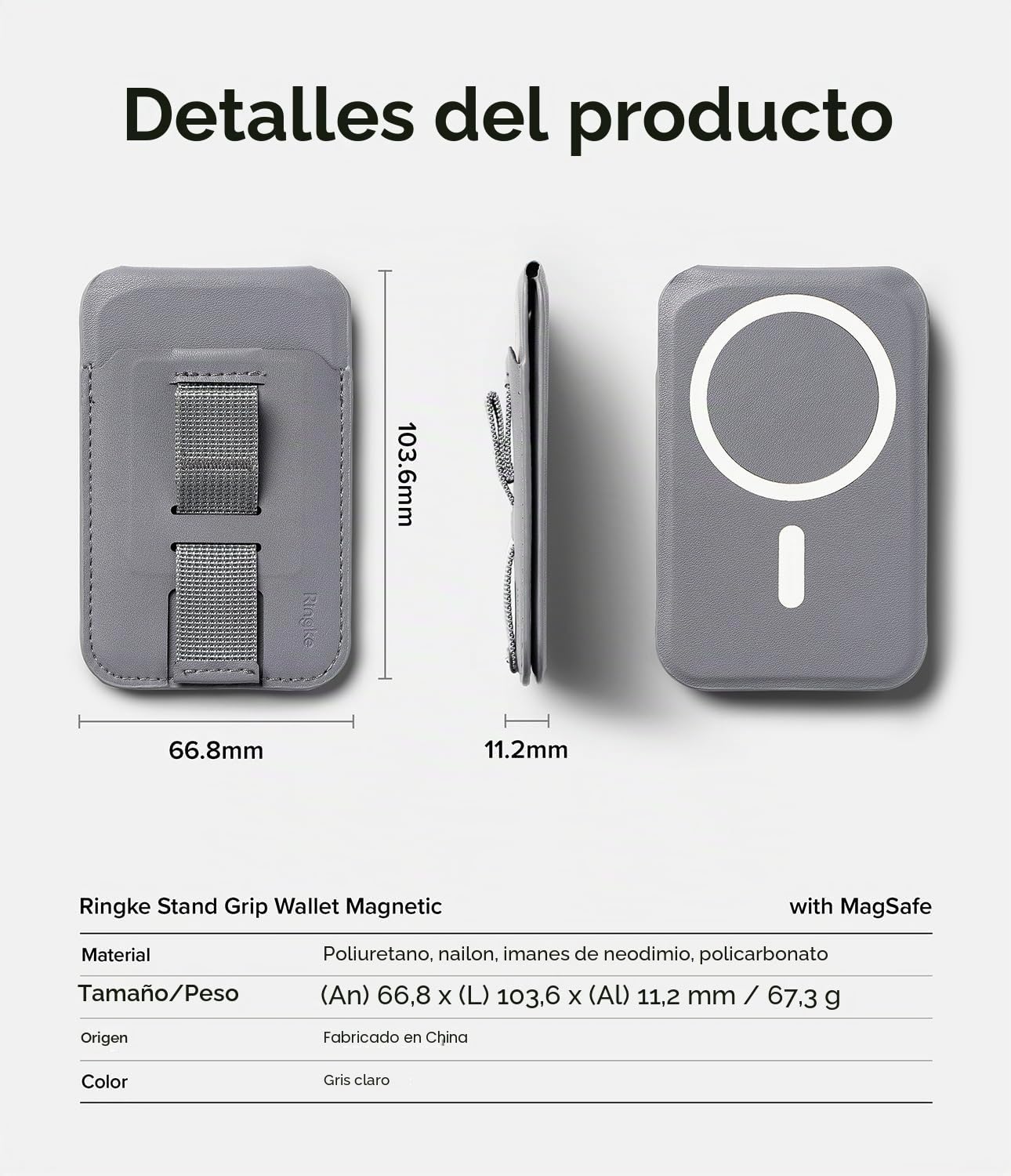 Ringke Stand Grip Wallet Magnetic [Cabe 3 Tarjetas] Tarjetero Movil Compatible con MagSafe, Utiliza de Soporte, Correa para el Dedo Soporte Movil con Imán Muy Fuerte - Light Gray