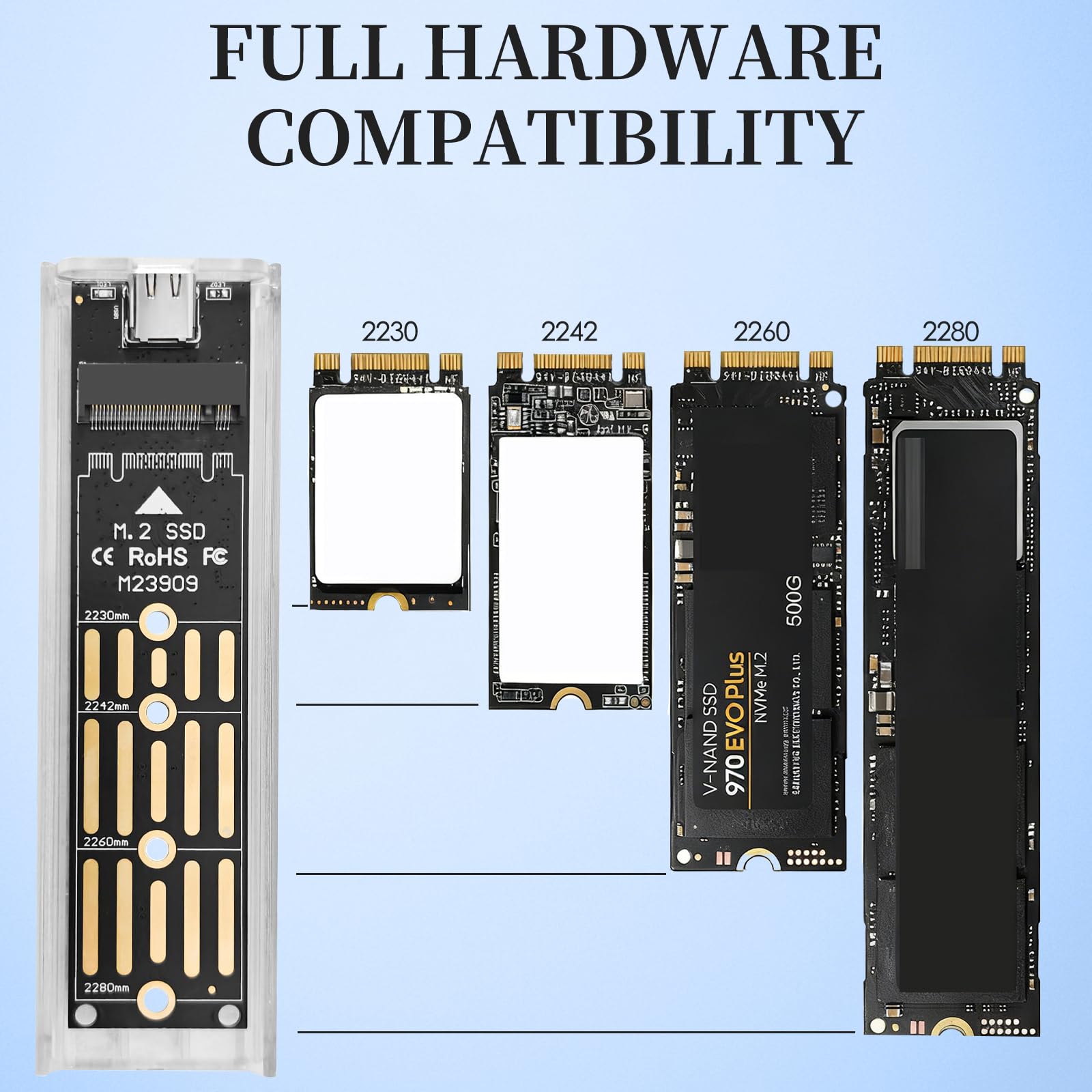 Custodia SSD M.2 NVMe, Adattatore NVMe USB 3.1 Gen 2 (10 Gbps), Custodia SSD USB-C Lettore Disco Rigido Esterno per M-Key 2230/2242/2260/2280, Design Trasparente Anti-Calore