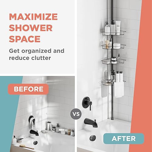 Miniatura 9 de Zenna Home Organizador de ducha con barra de tensión, 4 estantes con toalleros integrados, ajustable, de 60 a 97 pulgadas, negro mate