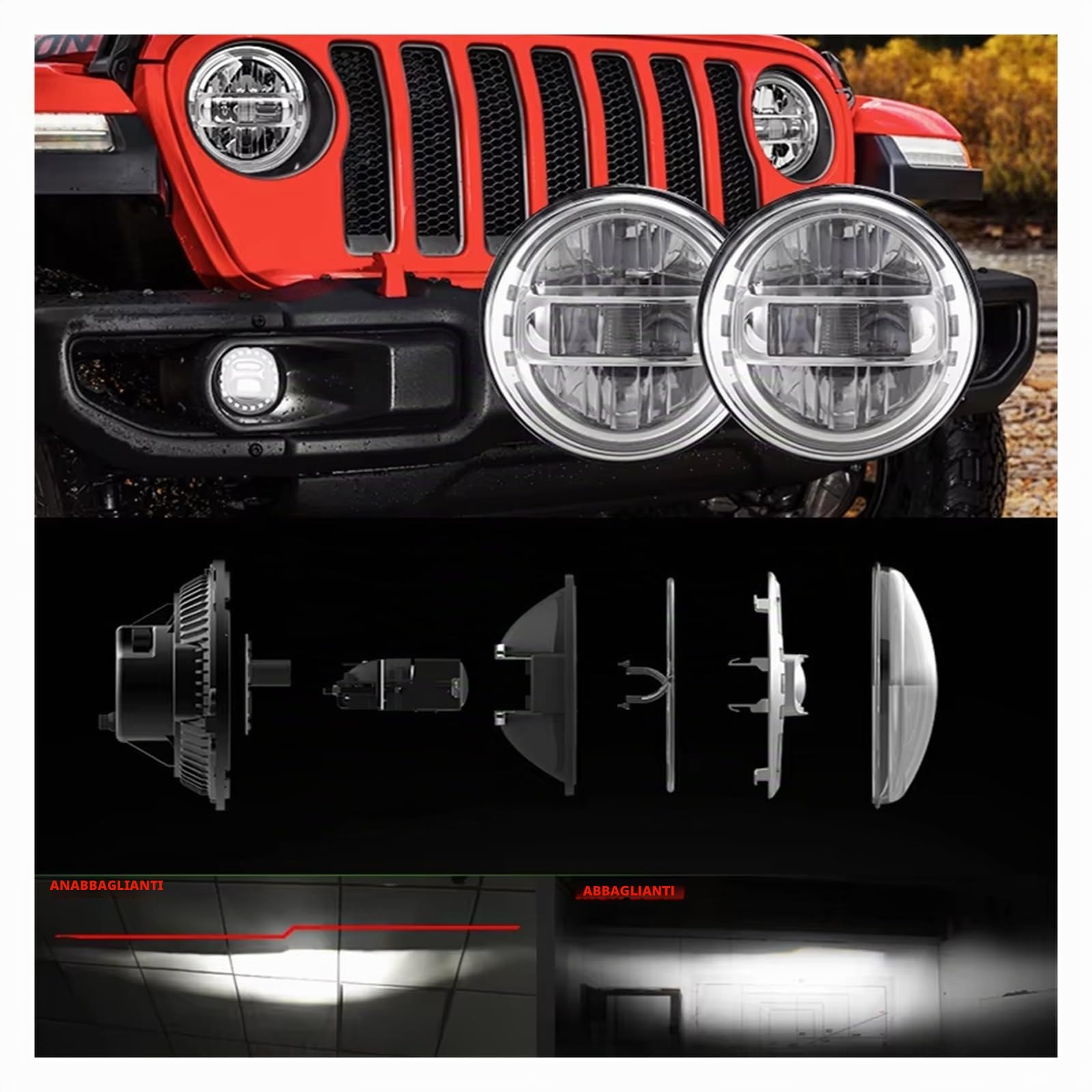 Faro Fari Anteriori Per Jeep Per Wrangler JK Per Fari Illimitati Led 12V 24V DRL Luce Di Marcia 7 Pollici LED Gruppo Ottico ProiettoreFaro(Nero)