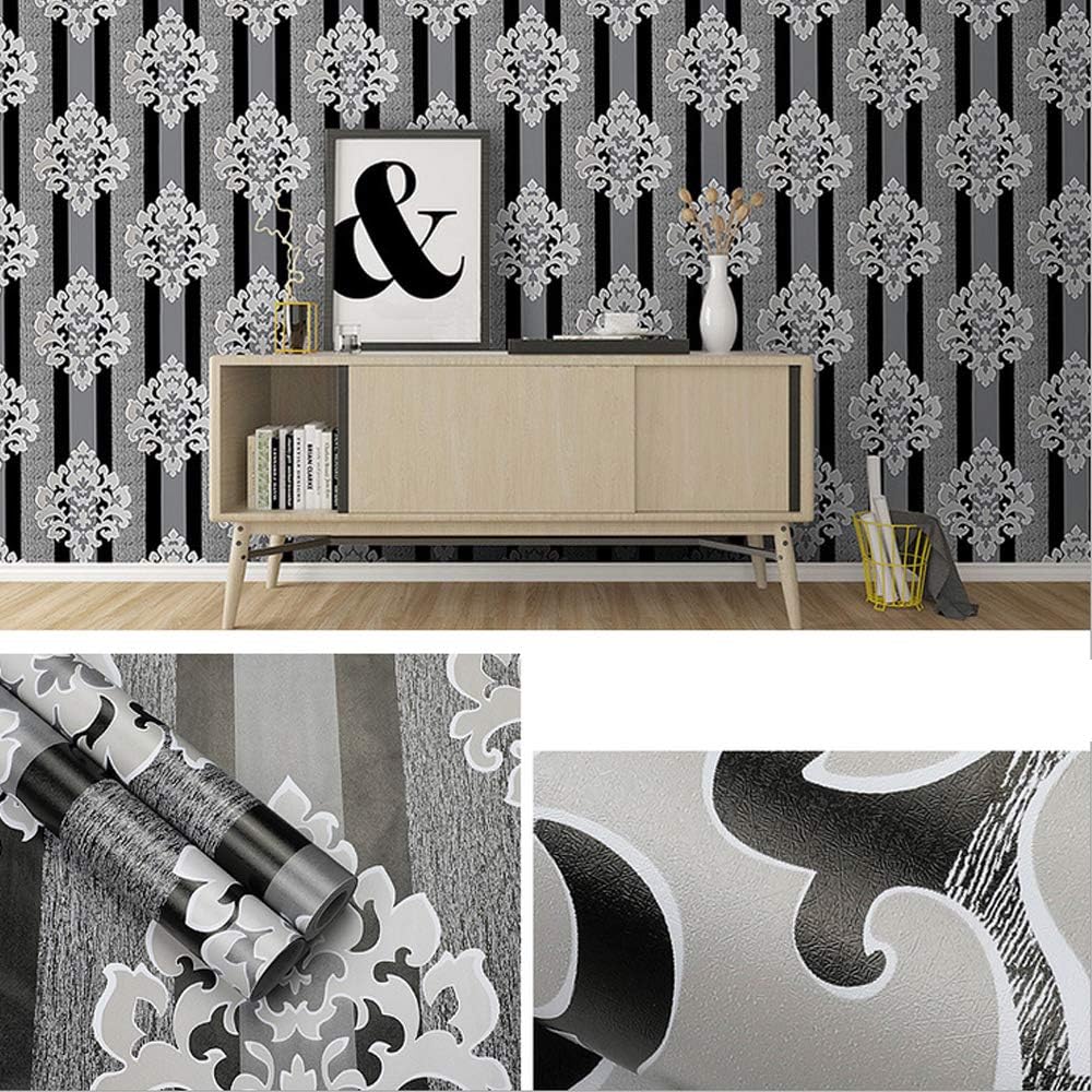 2 Pack Shelf Liners Grey Damask Black Stripes Self-Adhesive Drawer Cabinet Papers Line Kitchen Cupboards 17.7 Inch Wide