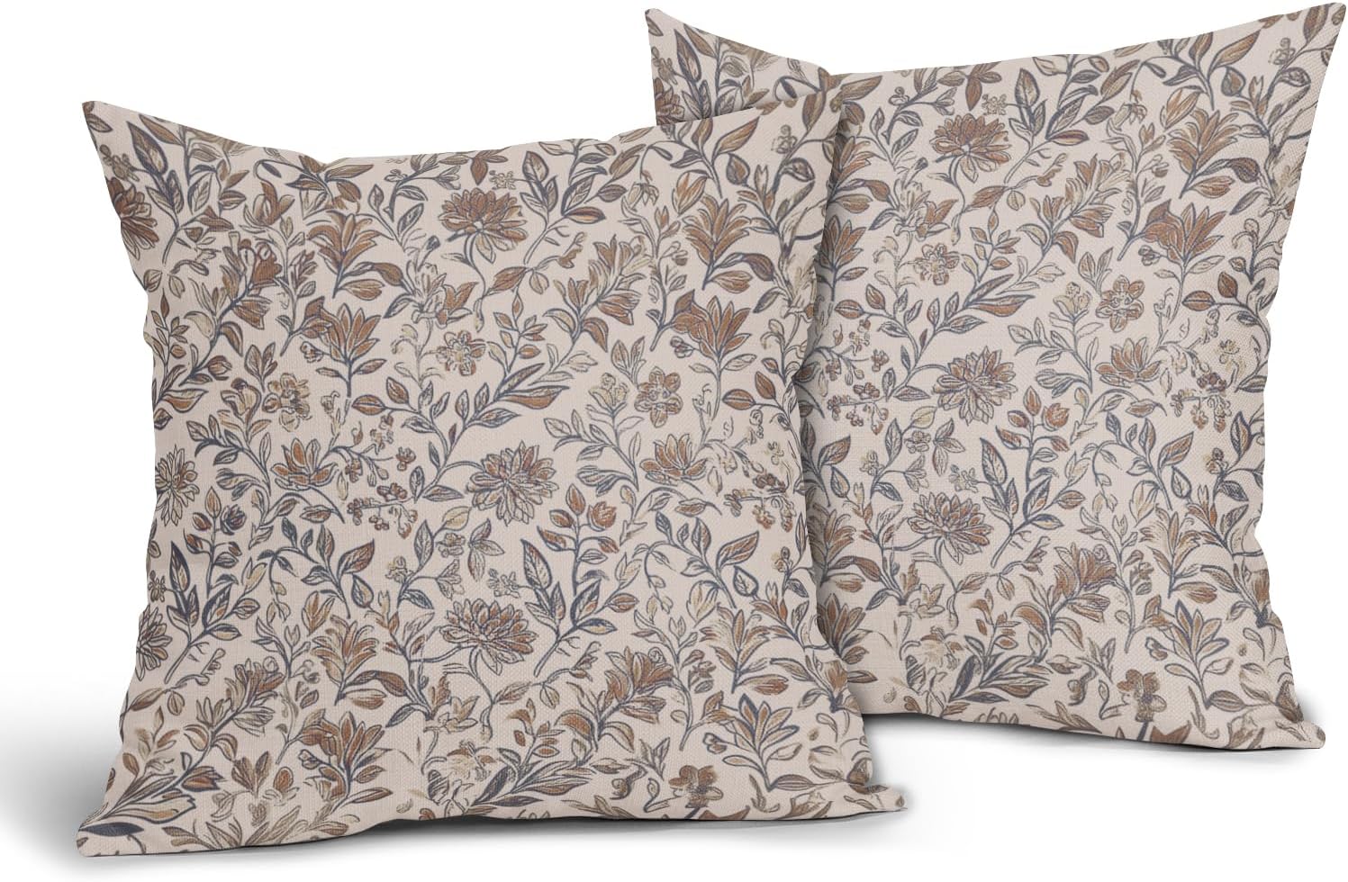 Vintage Floral Pillow Covers 22x22 Inch Set of 2 Antique Flower Block Print Pillowcases Brown Neutral Traditional Square Cushion Case Decoration for Couch Home Decor - Image 2