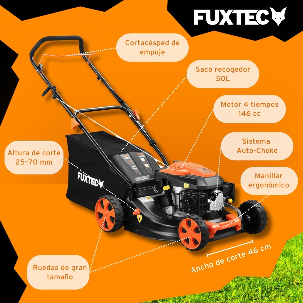 Cortacésped de Gasolina FUXTEC FX-RM4646ECO 46cm de Anchura de Corte - Potente Motor de Gasolina de 146cc Easy Clean 3en1 2,6KW Mulching recogedor de Hierba 50L