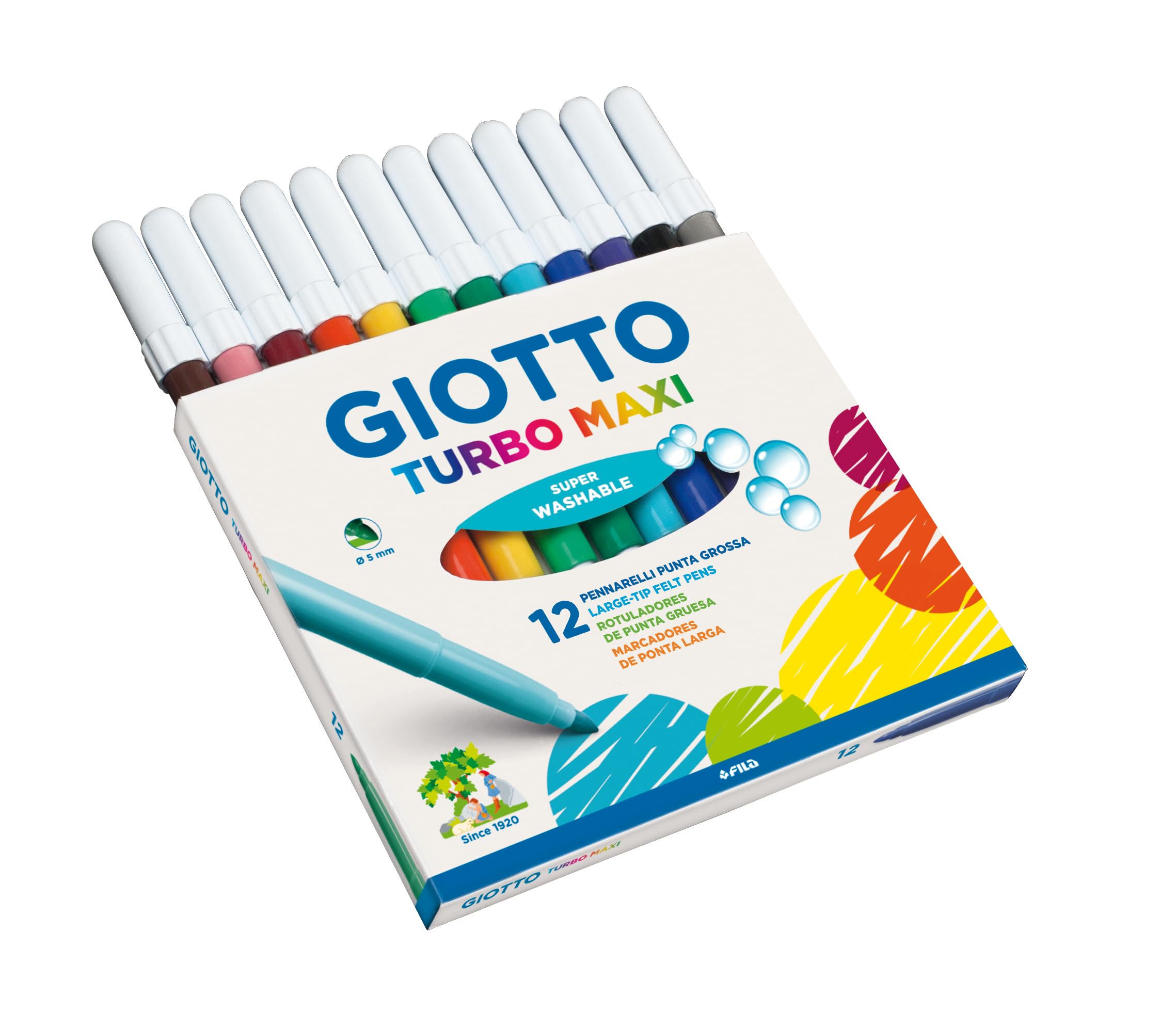 Giotto 454000 Turbo Pennarelli, Turbo Maxi Punta Larga, 5 mm, Confezione da 12, Assortiti