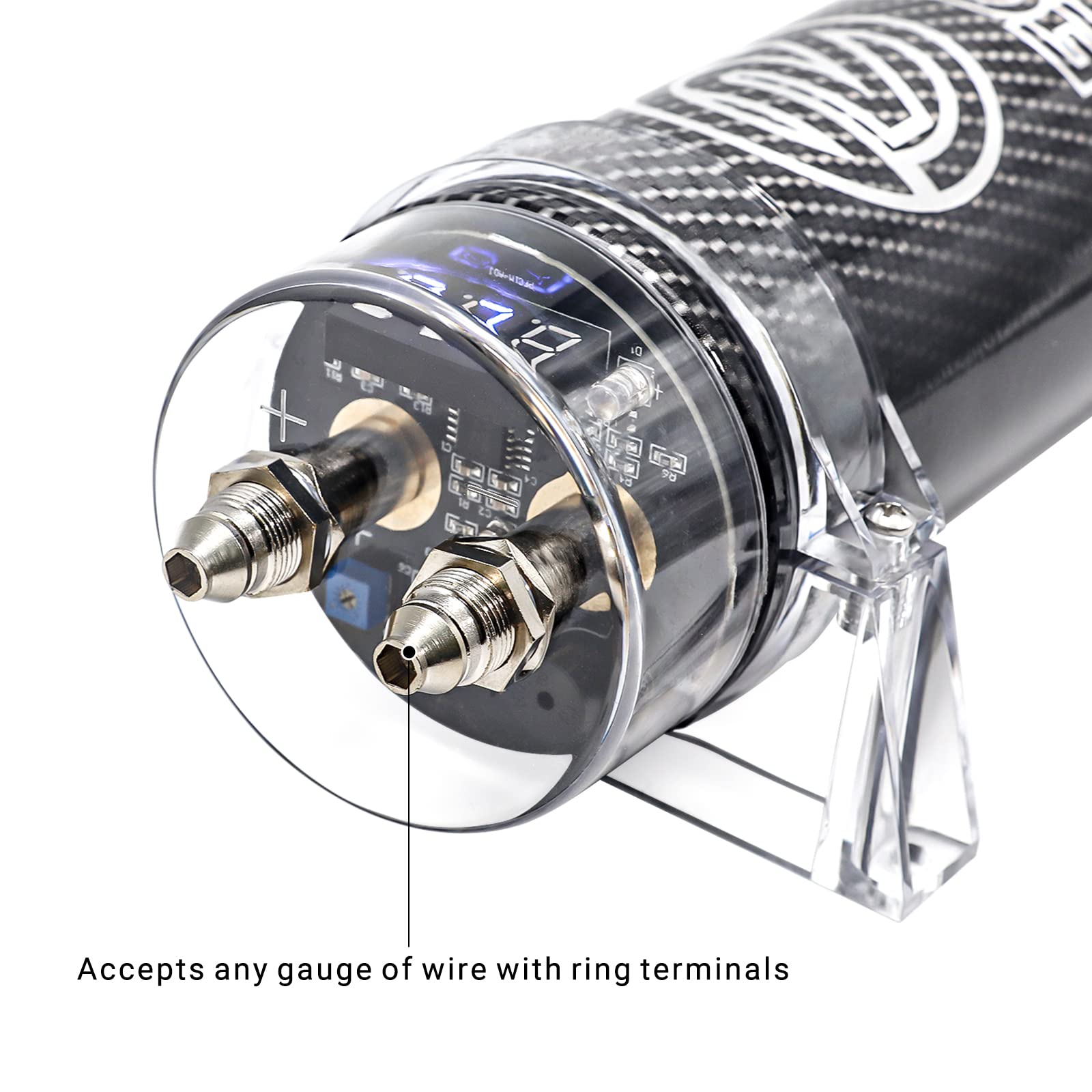 RECOIL R2D Condensador de 2.0 Faradios para Amplificador de Coche – Voltímetro Digital Azul, Almacenamiento de Energía para Sistemas de hasta 1200W