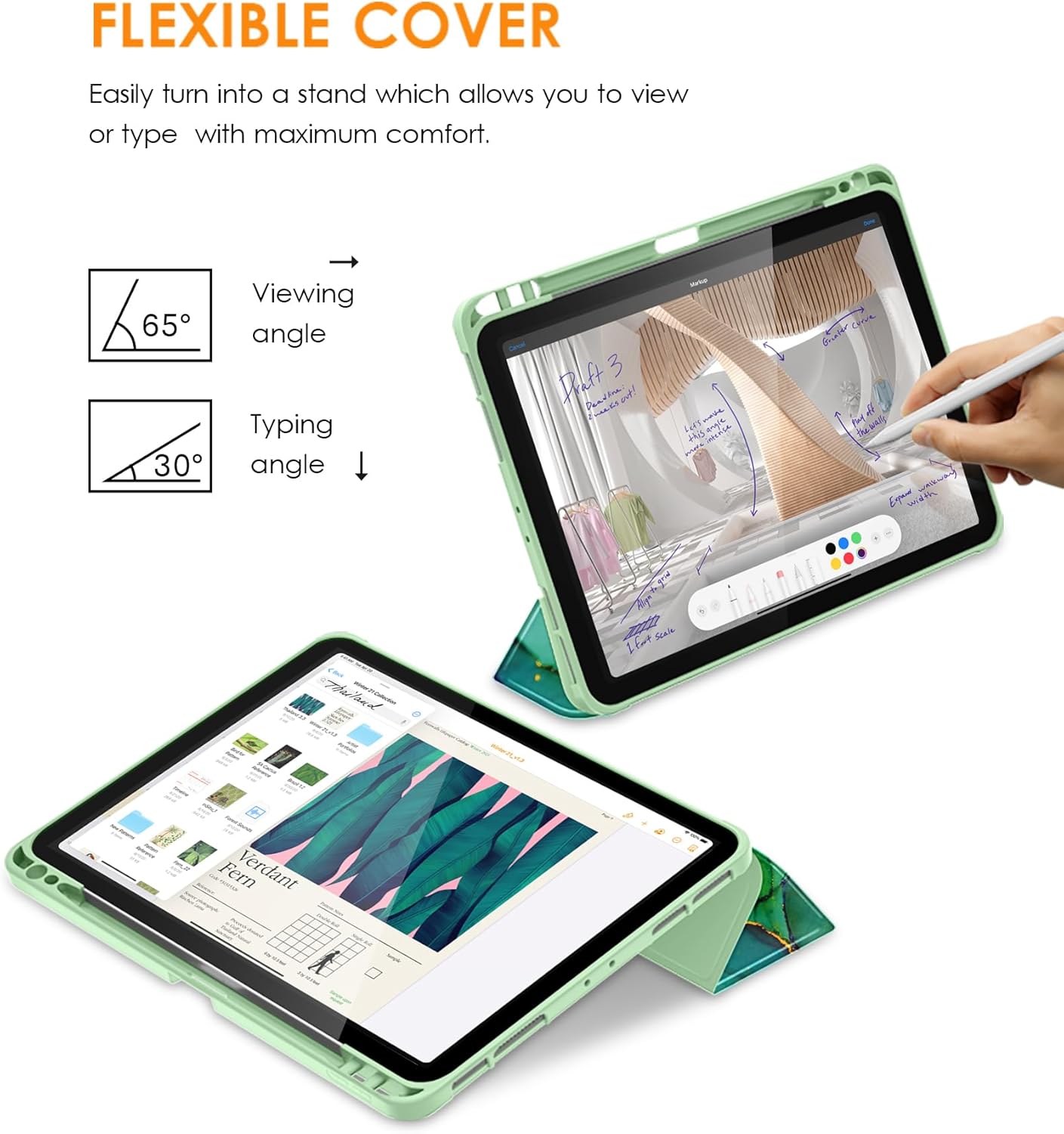 DTTO for iPad Pro 11 inch 4th/3rd/2nd/1st Generation 2022/2021/2020/2018 Case, Smart Slim Trifold Stand Soft TPU Back Cover with Built-in Pencil Holder, Also Fit iPad Air 5/4,Marble Green - Image 4