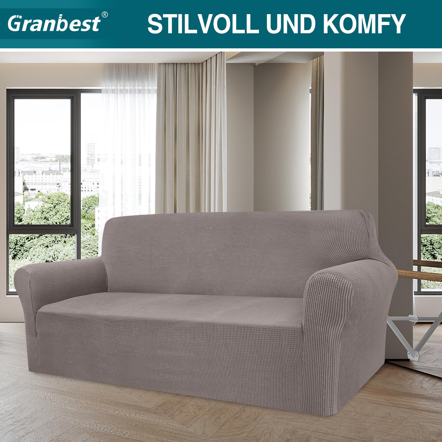 Granbest Copridivano ad alta elasticità, moderno copridivano jacquard, elasticizzato, per soggiorno, protezione per cani, animali domestici (3 posti, tortora)