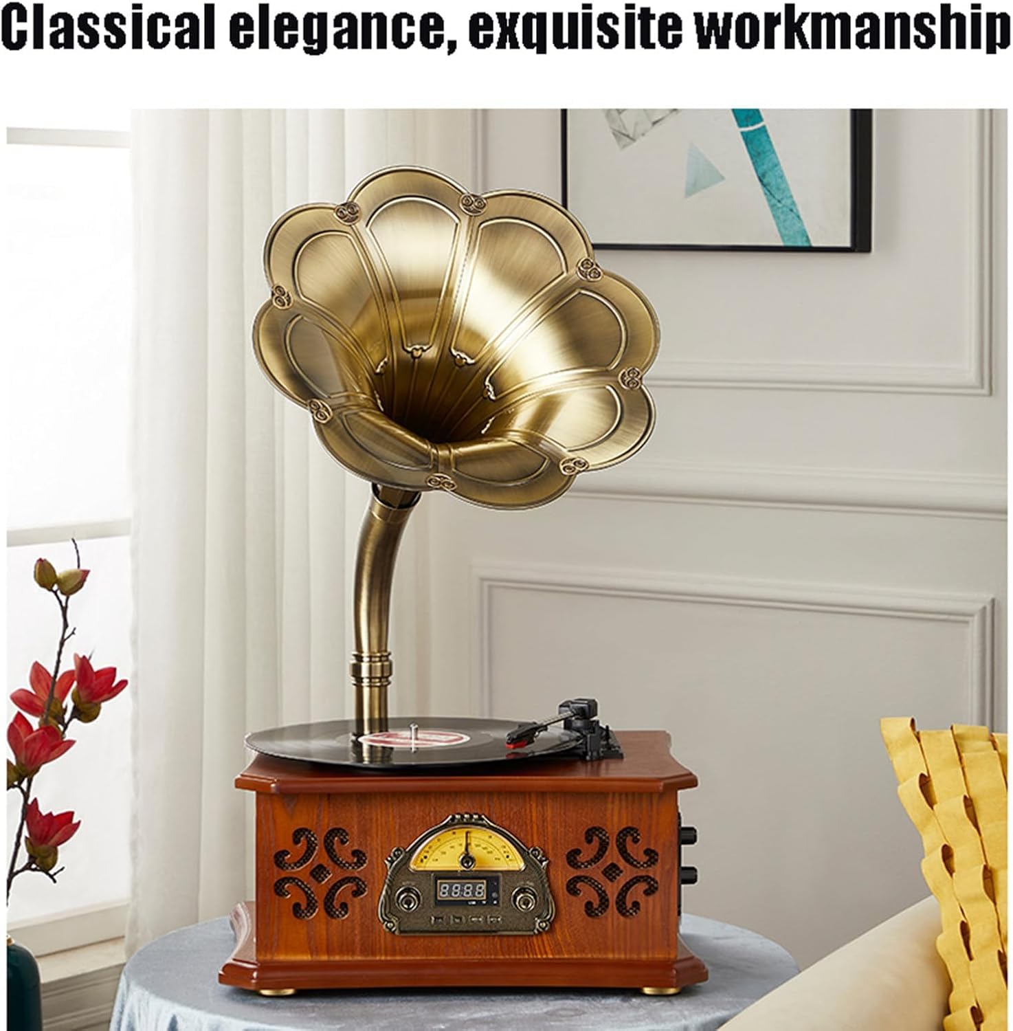 Góra Gramofon Winylowy Wielofunkcyjny Gramofon W Stylu Europejskim Klasyczny Dźwięk, Odtwarzanie Płyt Winylowych, Bezprzewodowy Bluetooth, Usb, Karta Tf