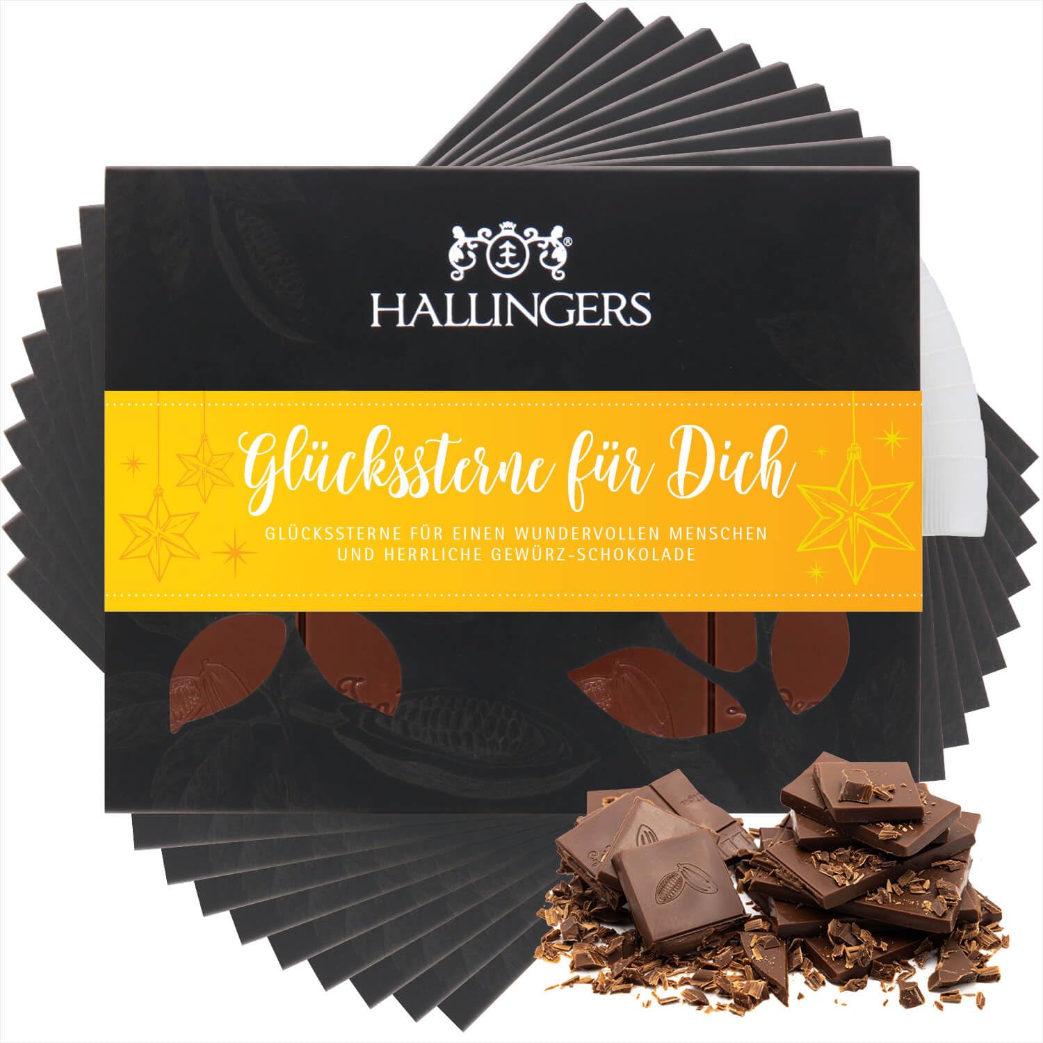 Hallingers Genuss Manufaktur Schokolade Weihnachts-Geschenk - Tafel Edelkakao handgeschöpft ohne Alkohol edler Karton 10x "Glückssterne fü..." Xmas-Gewürze, Weihnachten für Frauen Männer