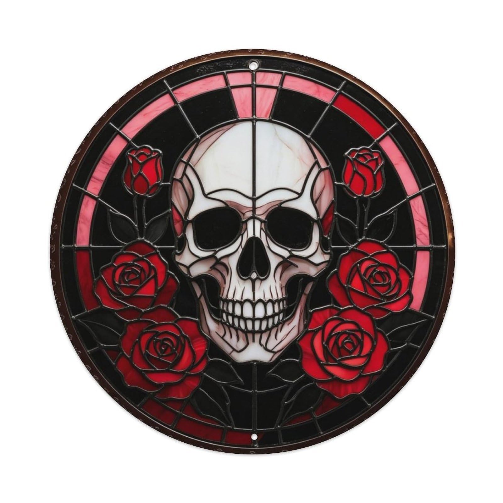 Gothic Skull with Roses Stained Glass Metal Tin Sign Plaque