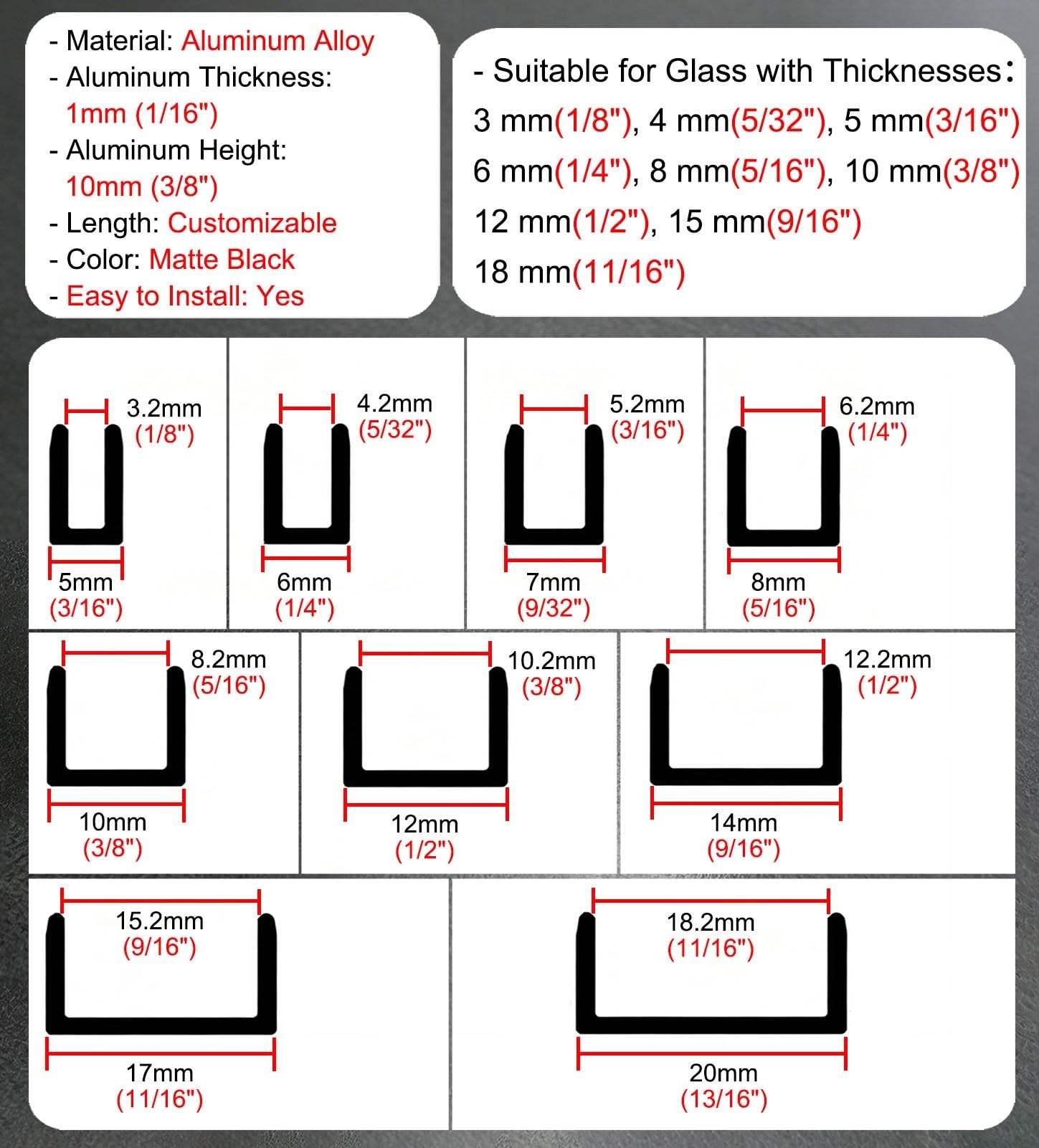 Perfil en U de Aluminio Riel de Montaje para Panel de Vidrio Divisorio