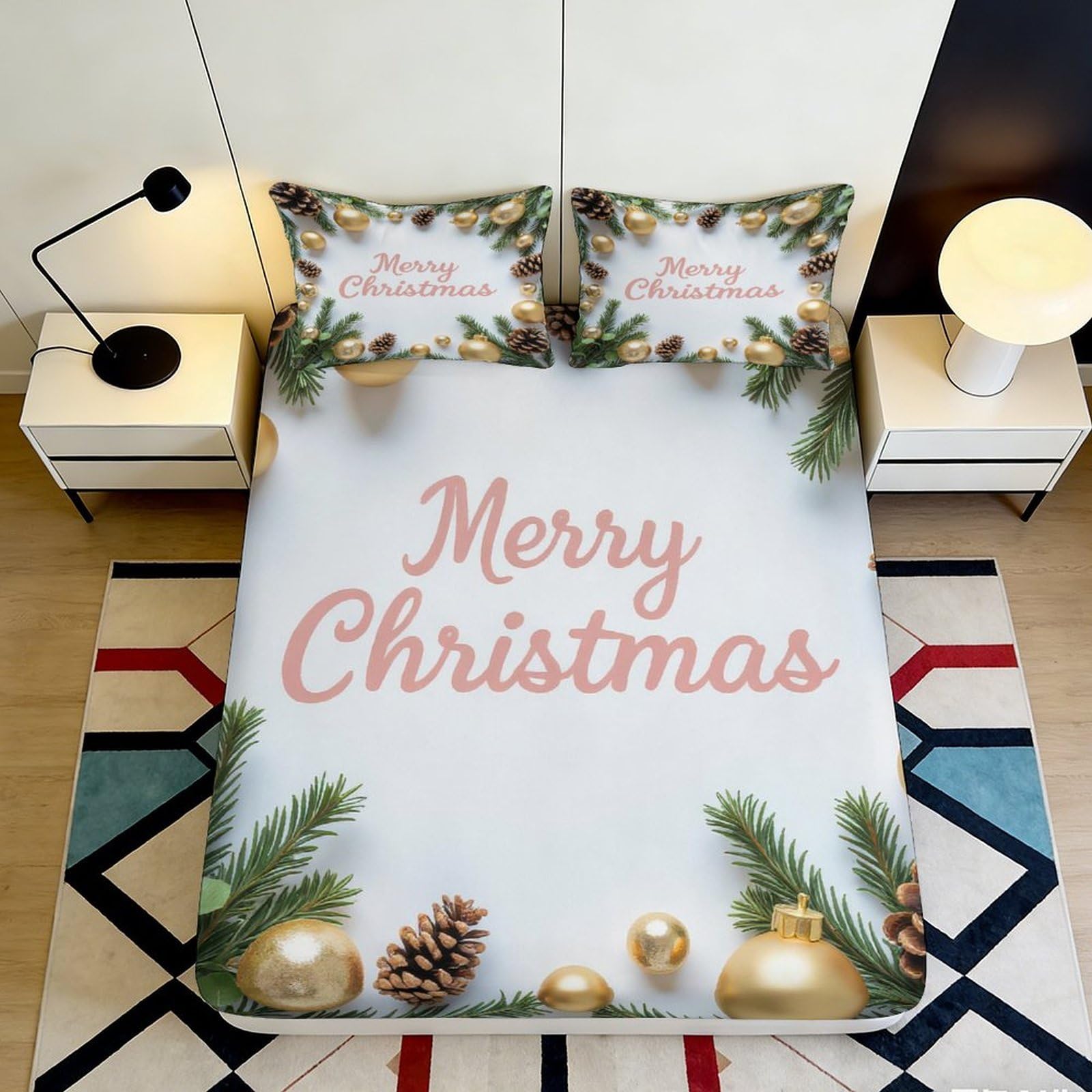 3D Printed Christmas Pine Fitted Sheet Microfiber Soft Festive Ornaments Bed Cover for Bedroom Guest Room Decor 90x200x25cm