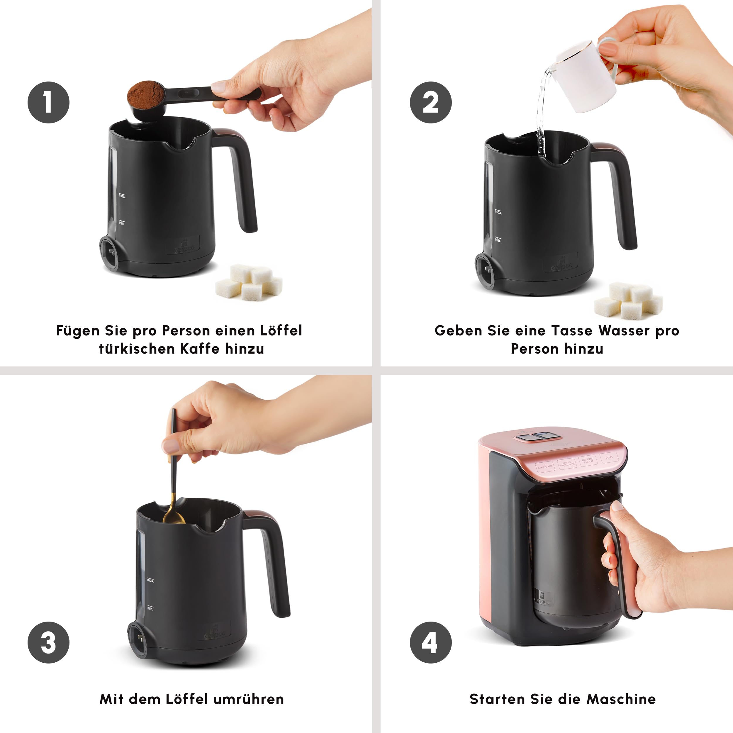 Karaca Hatır Roast Machine à café turque or rose Capacité 5 tasses Beaucoup de mousse, 535W, Système d'alerte vocale, Système d'alerte lumineux, Cuillère de mesure, Nettoyage facile