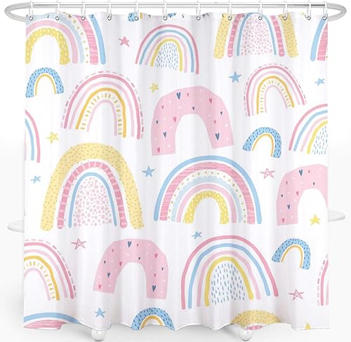 Cortina de ducha de arco iris, lavable para niños, bonita cortina de ducha impermeable de tela de poliéster con 12 ganchos, decoración de baño, 72 x