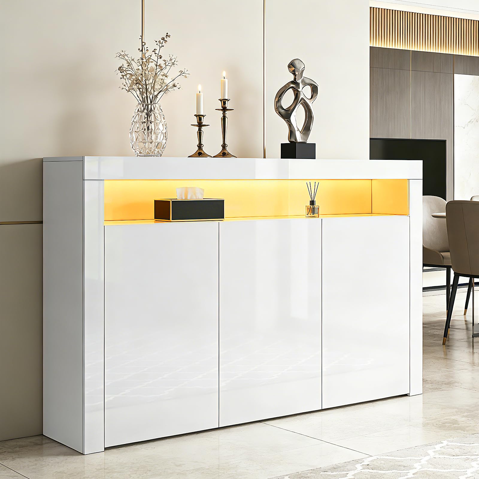 Sideboard High Gloss 3 Doors Sideboard Cabinet Storage Cupboard with LED Lights Modern Living Room Bedroom Furniture (White)