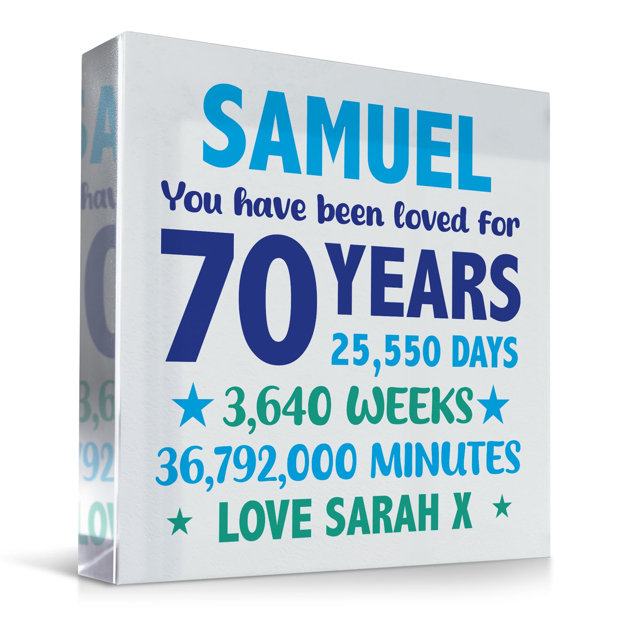 Red Ocean PERSONALISED 70th Birthday Gifts For Him Grandad Dad Uncle Brother Acrylic Clear Block Gift For 70th Birthday Gift From Mum And Dad Friend Grandchild Special Keepsake
