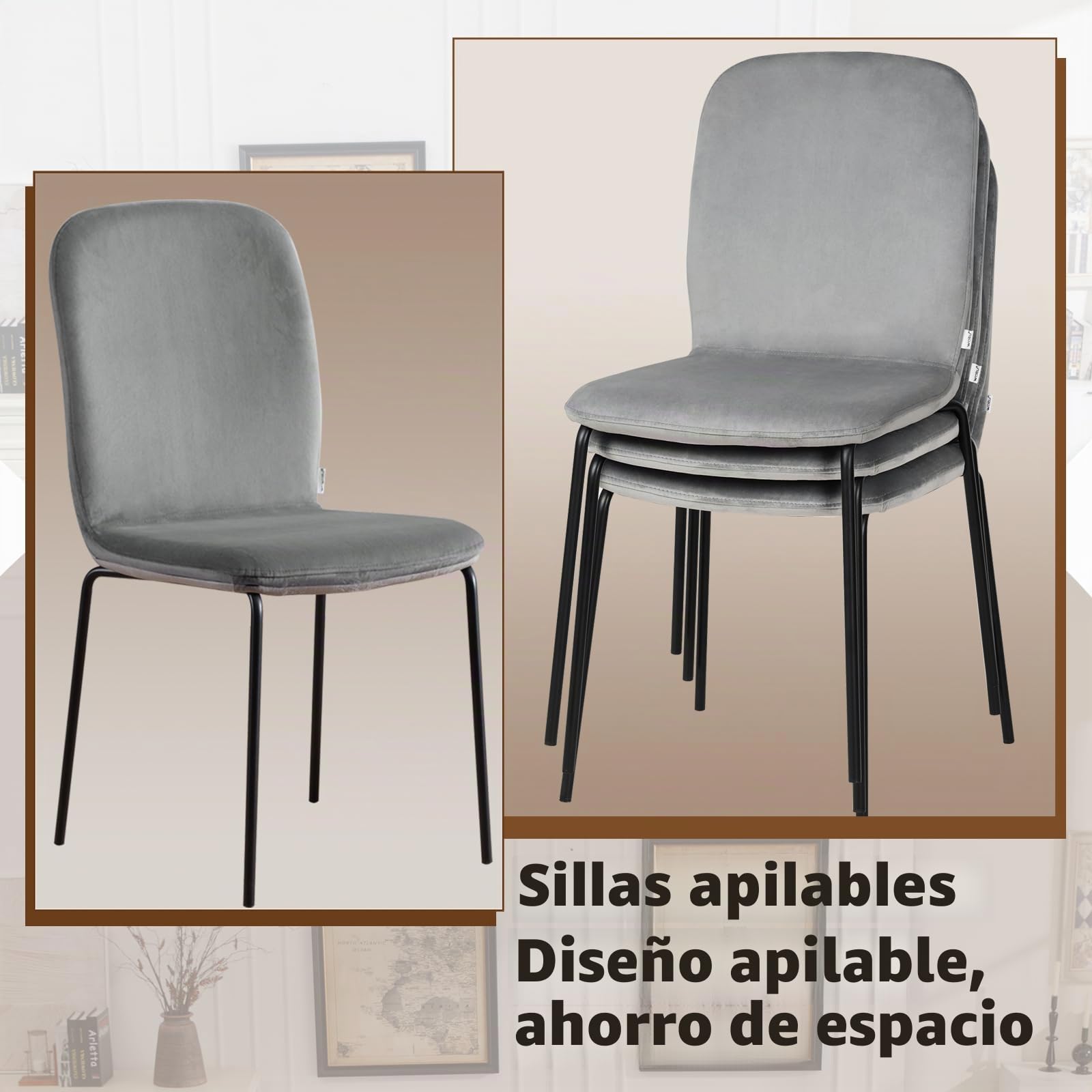 WOLTU Juego de 4 Sillas de Comedor, Terciopelo,Gris Oscuro | Salón y Dormitorio, Asiento Acolchado y Patas de Metal