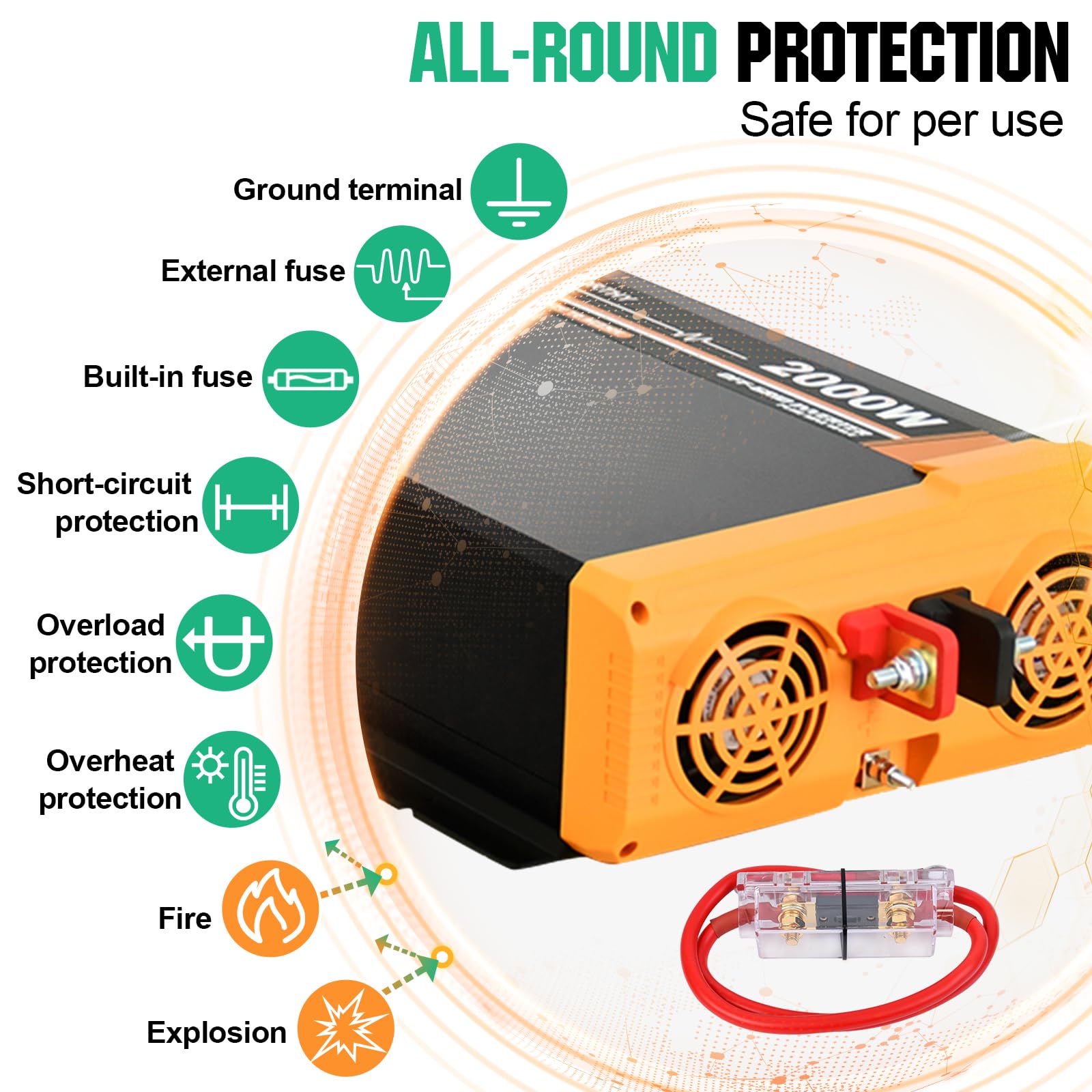 ECO-WORTHY Wechselrichter 12v auf 230v Reiner Sinus, Wechselrichter 2000w, Spannungswandler eingebauter Dual 18W USB-Anschluss, 2 * AC-Steckdosen, 1 * Hardwire-Klemmen und 1 * 100A Sicherung